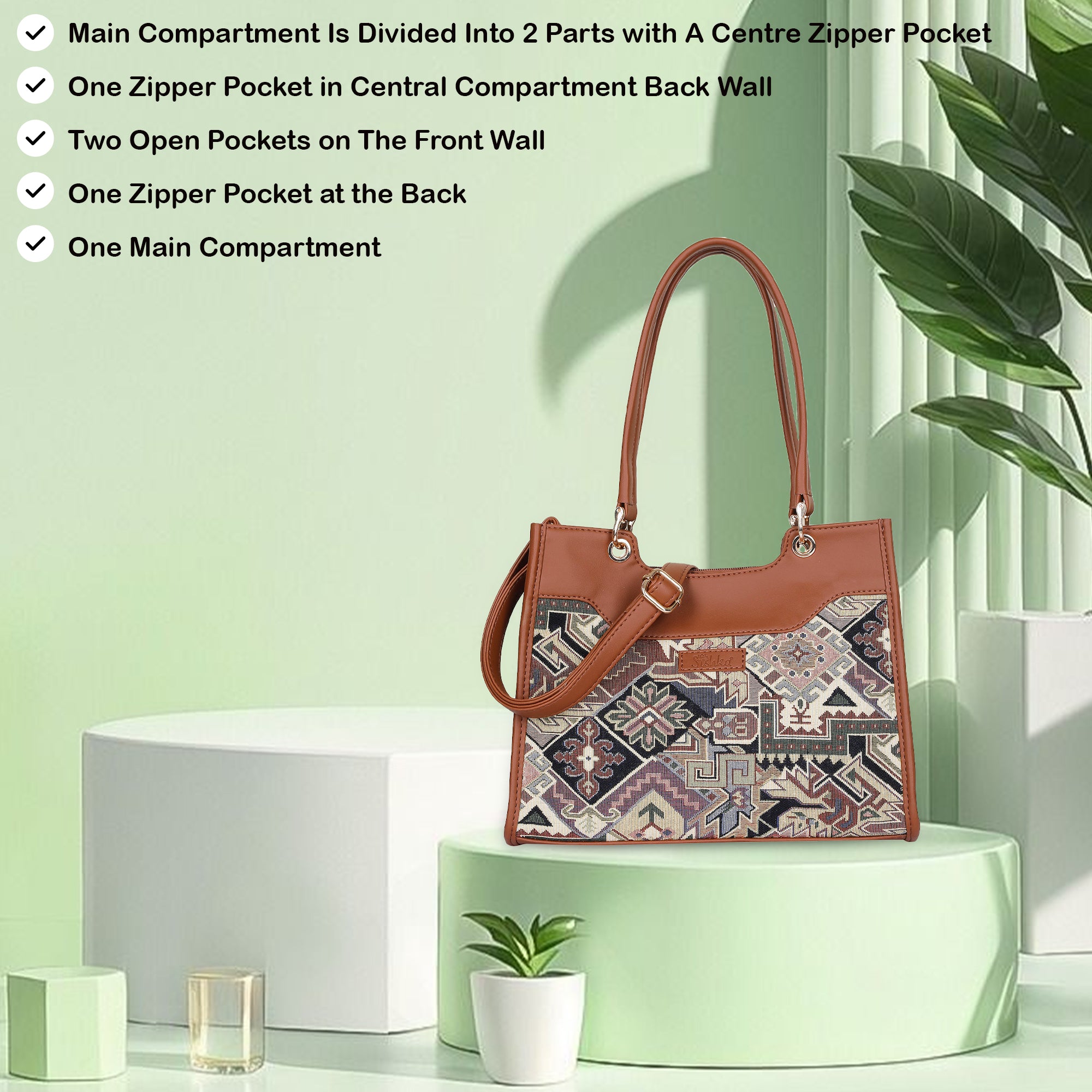 Ladies' Tapestry Satchel Crossbody Bag Geometric Pattern Shoulder Handbag with Vegan Leather Trim for Work & Travel