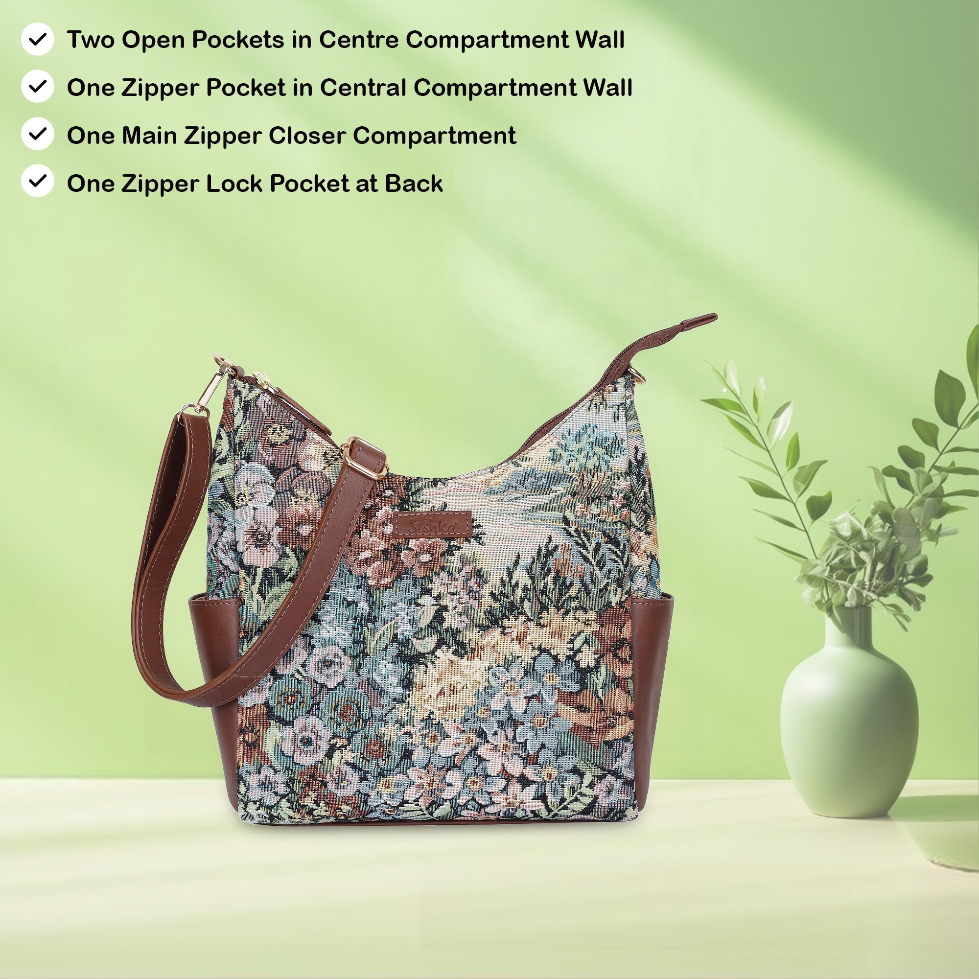 Sishka Women’s Botanical Design Tapestry Hobo Bag | Elegant Leather-Trimmed Shoulder & Crossbody Purse for Casual Outings
