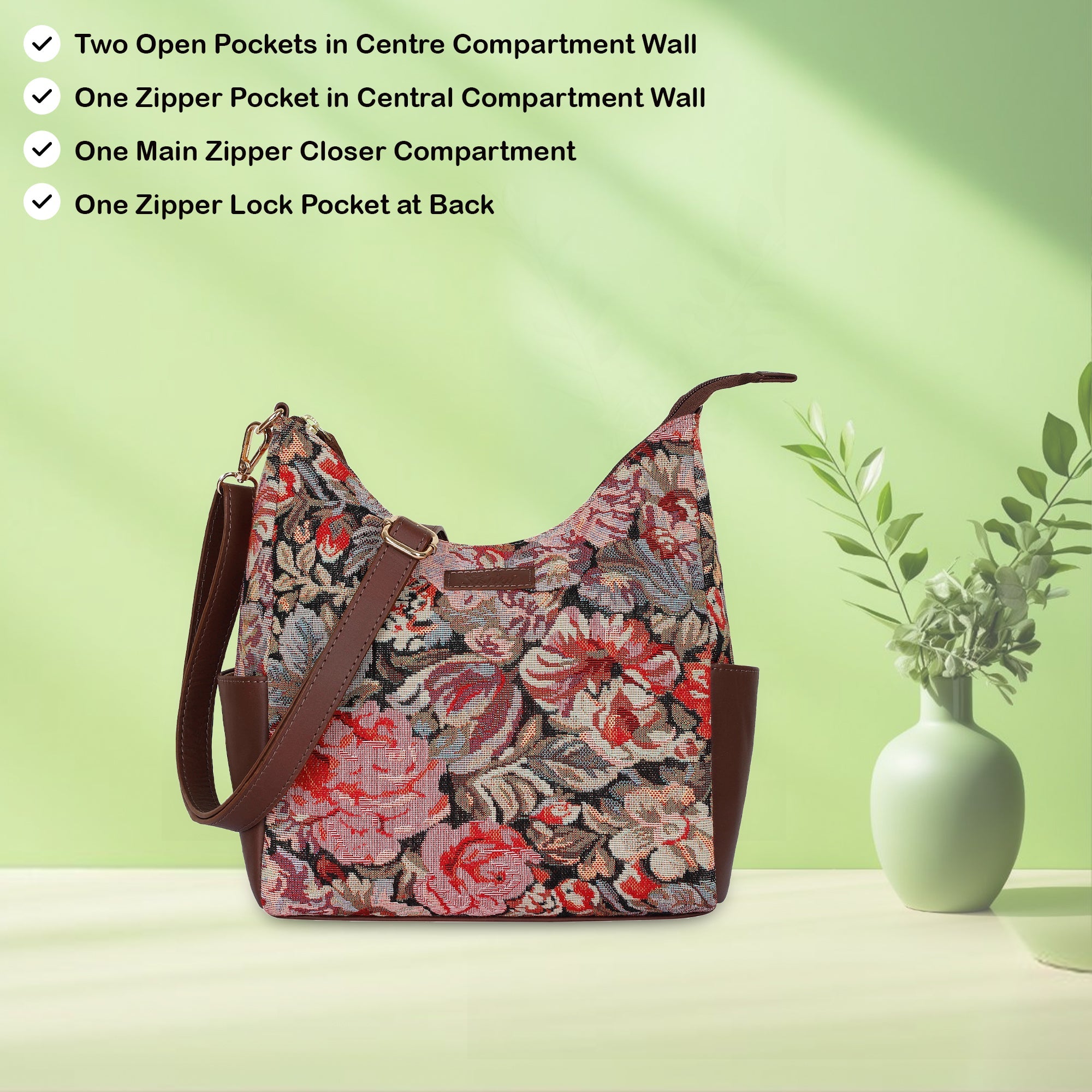 Sishka Women's Floral Tapestry Hobo Bag | Stylish Leather-Trimmed Shoulder & Crossbody Purse for Daily Essentials