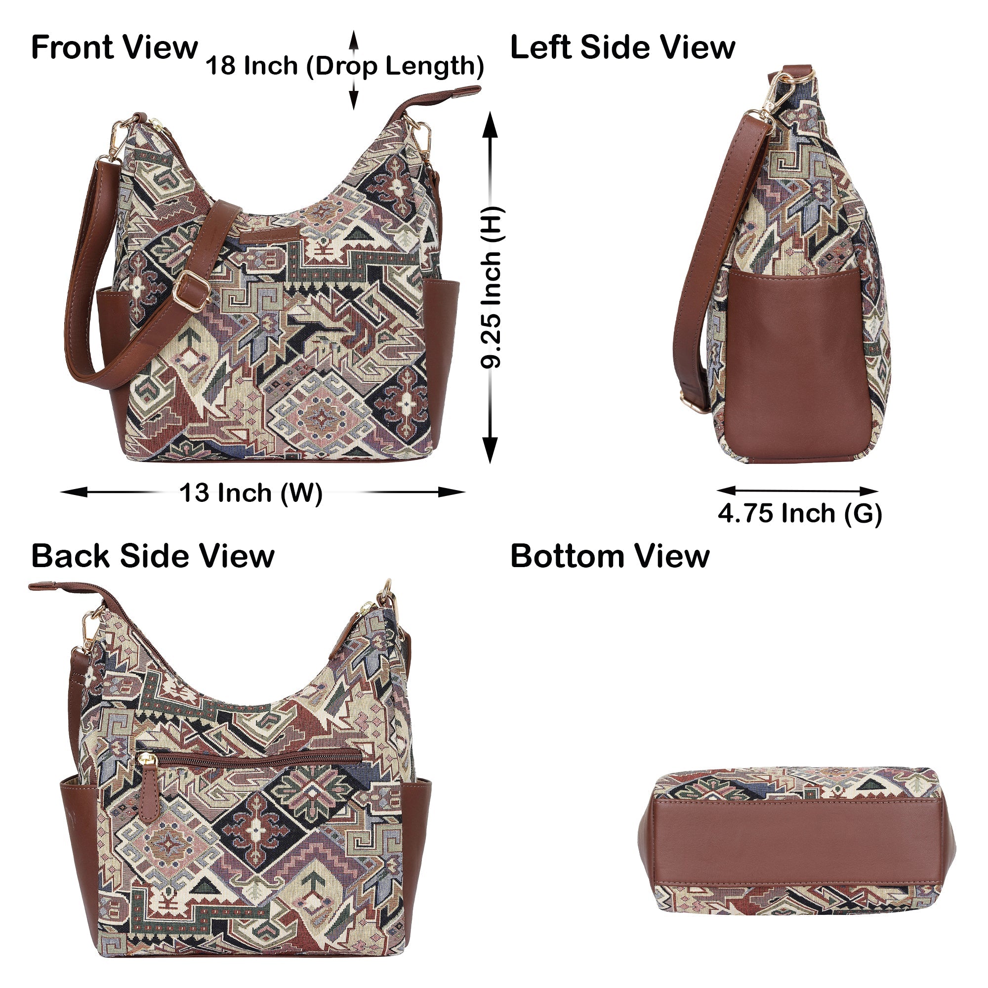 Sishka Women’s Hobo Bag in Geometric Tapestry Pattern with Leather Trim |Crossbody & Shoulder Purse for Office