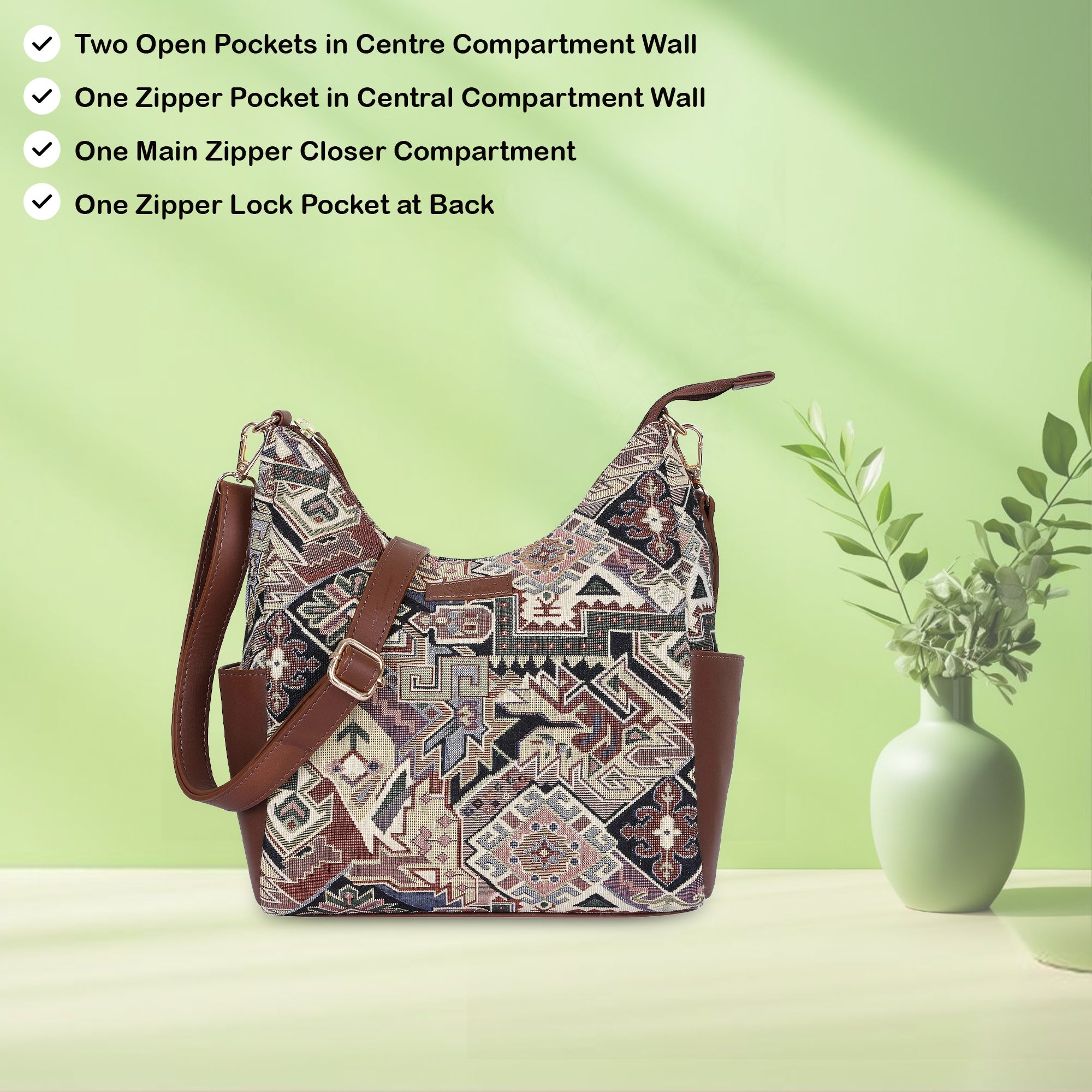 Sishka Women’s Hobo Bag in Geometric Tapestry Pattern with Leather Trim |Crossbody & Shoulder Purse for Office