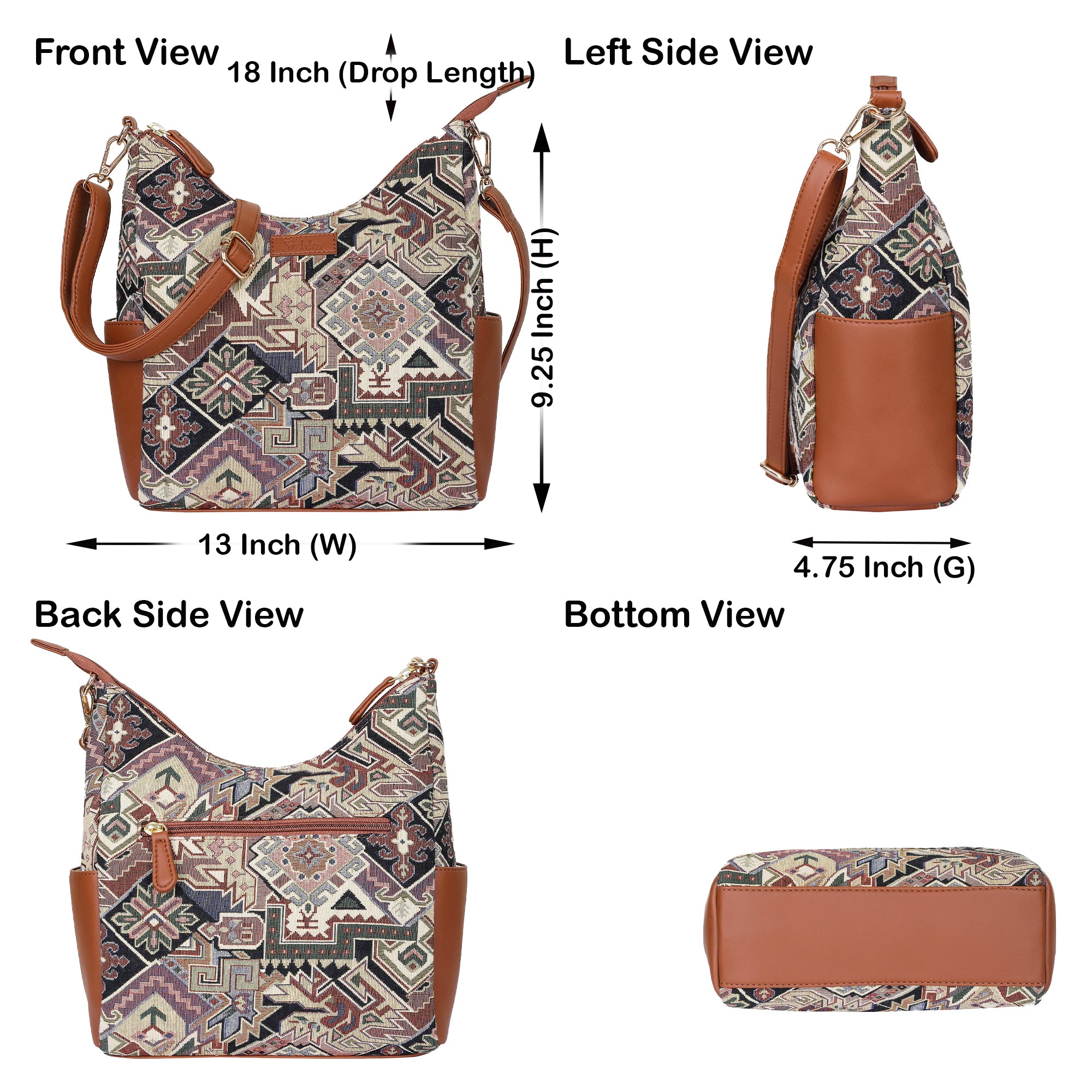 Ladies’ Geometric Tapestry Hobo Bag – Stylish Vegan Leather Trim Shoulder & Crossbody Purse for Office & Daily Outings