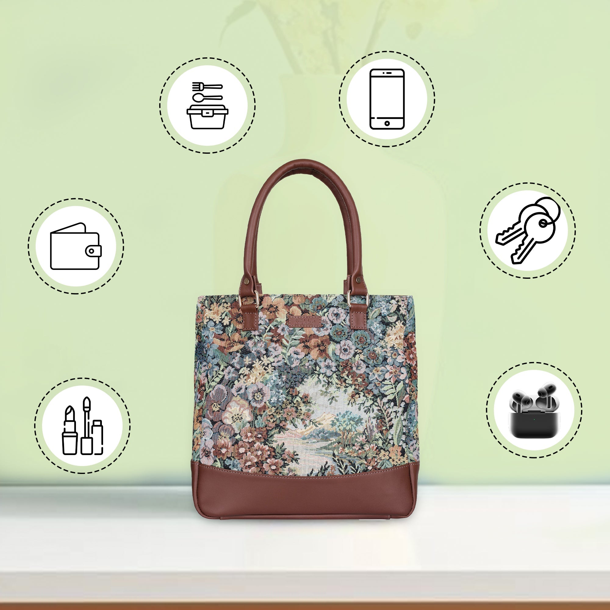 Women’s Botanical Tapestry Tote Bag – Shoulder & Top Handle Handbag with Leather Accents