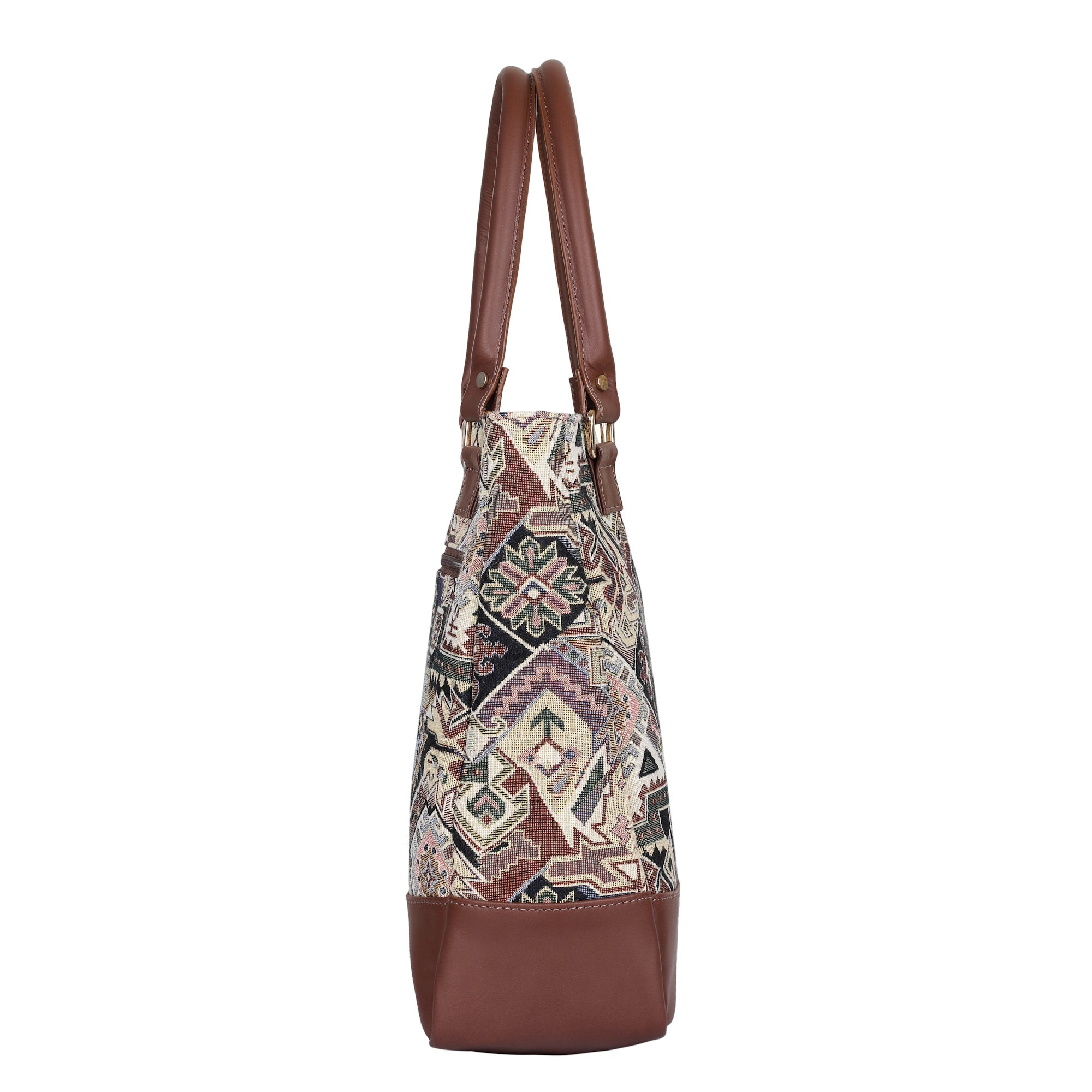 Geometric Tapestry Tote Bag for Women – Leather-Trimmed Shoulder Purse for Daily Use & Work