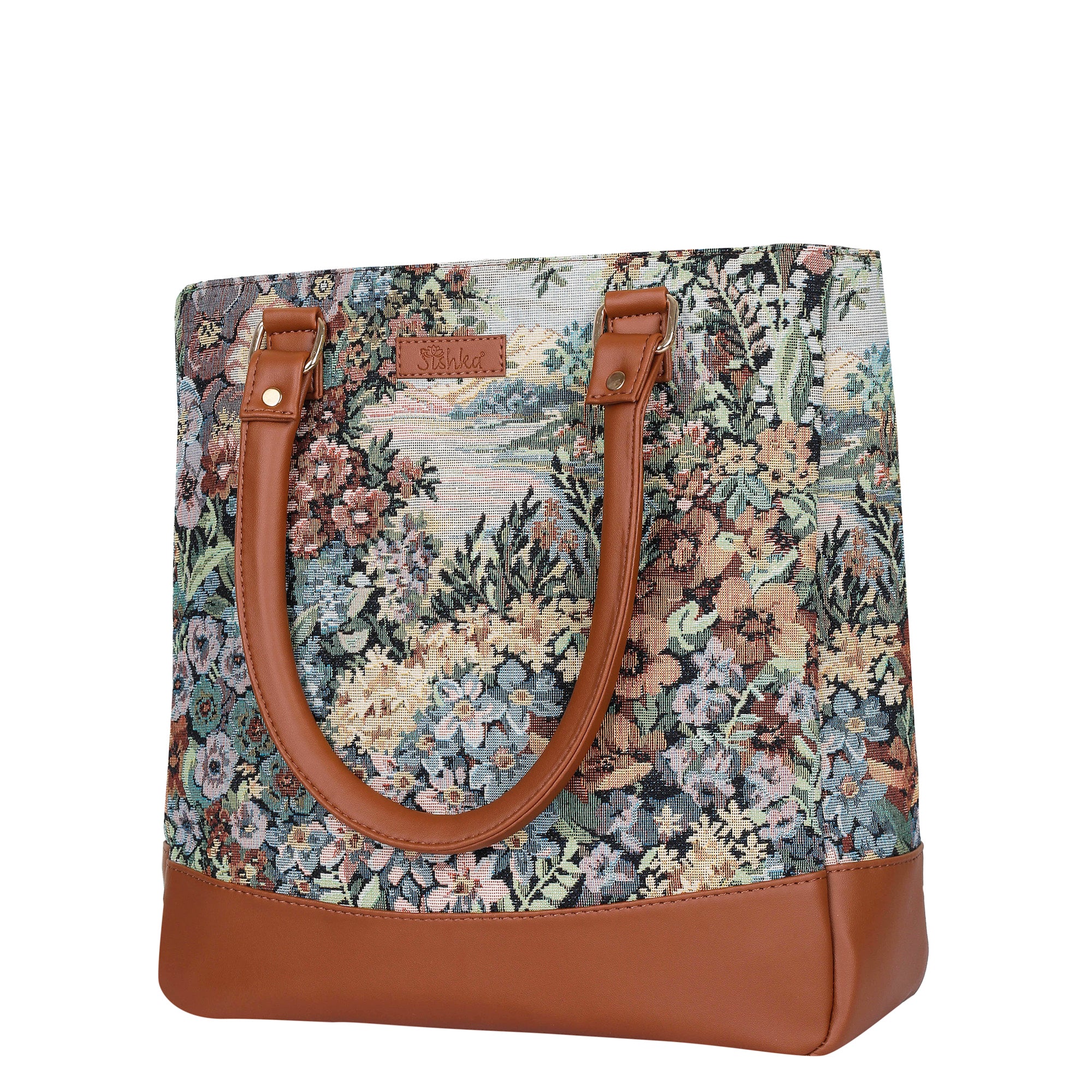 Women’s Botanical Pattern Tapestry Shoulder Tote Bag – Top Handle Handbag with Vegan Leather Trim for Office & Travel