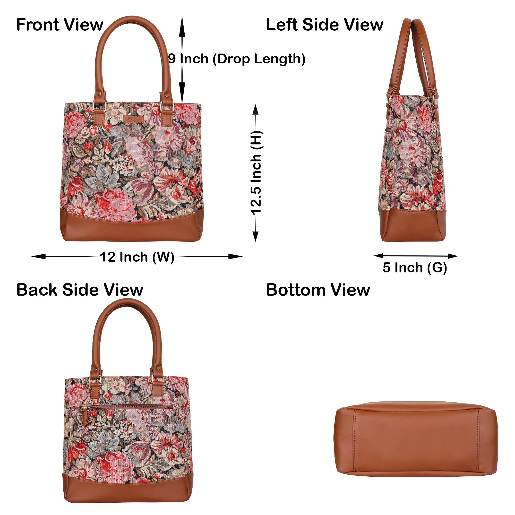 Ladies’ Floral Tapestry Fabric Tote Bag – Shoulder Purse with Top Handle and Vegan Leather Trim for Work & Daily Use