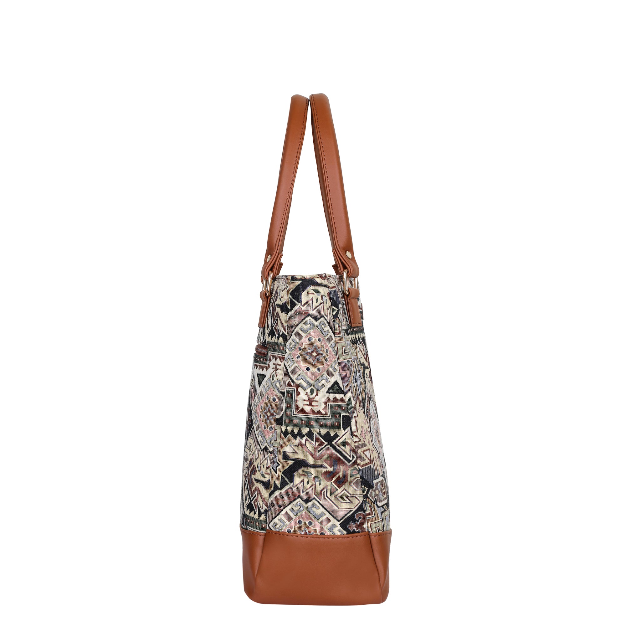Ladies’ Geometric Tapestry Fabric Tote Bag – Shoulder Purse with Top Handle and Vegan Leather Trim for Everyday Carry