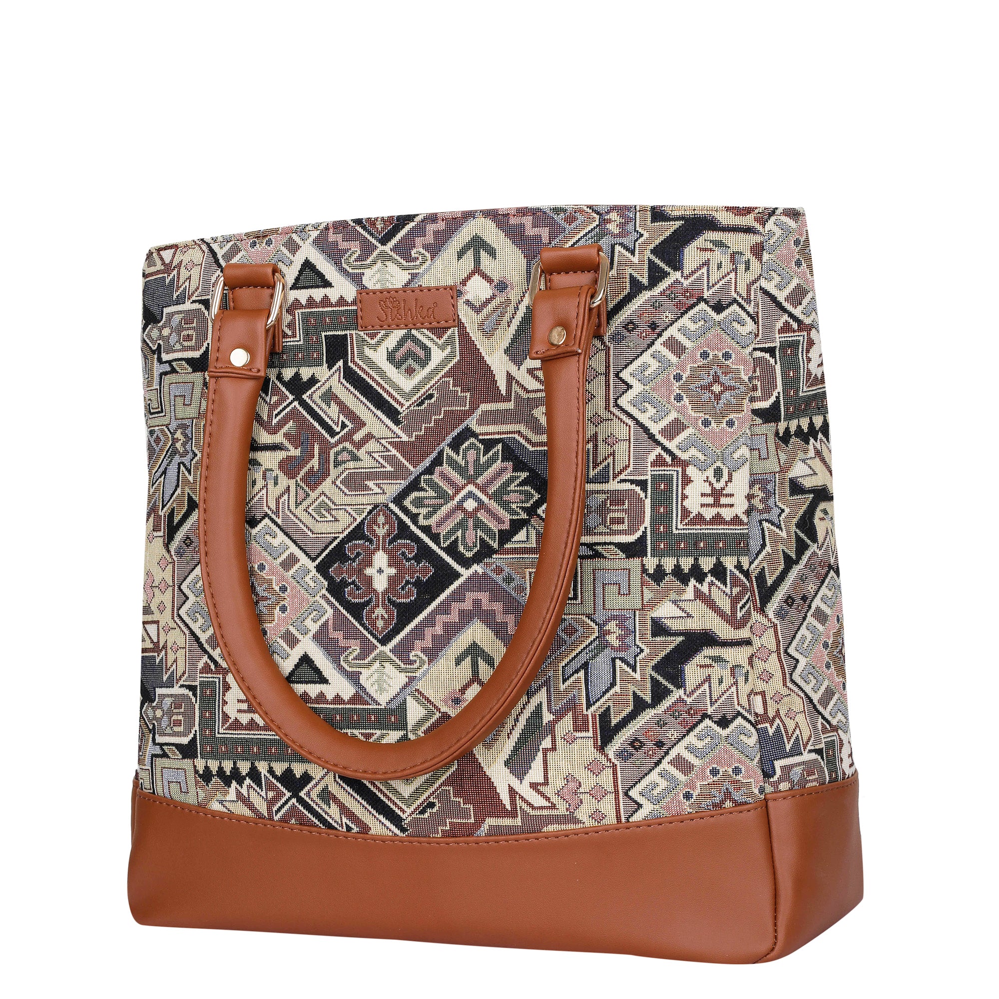 Ladies’ Geometric Tapestry Fabric Tote Bag – Shoulder Purse with Top Handle and Vegan Leather Trim for Everyday Carry