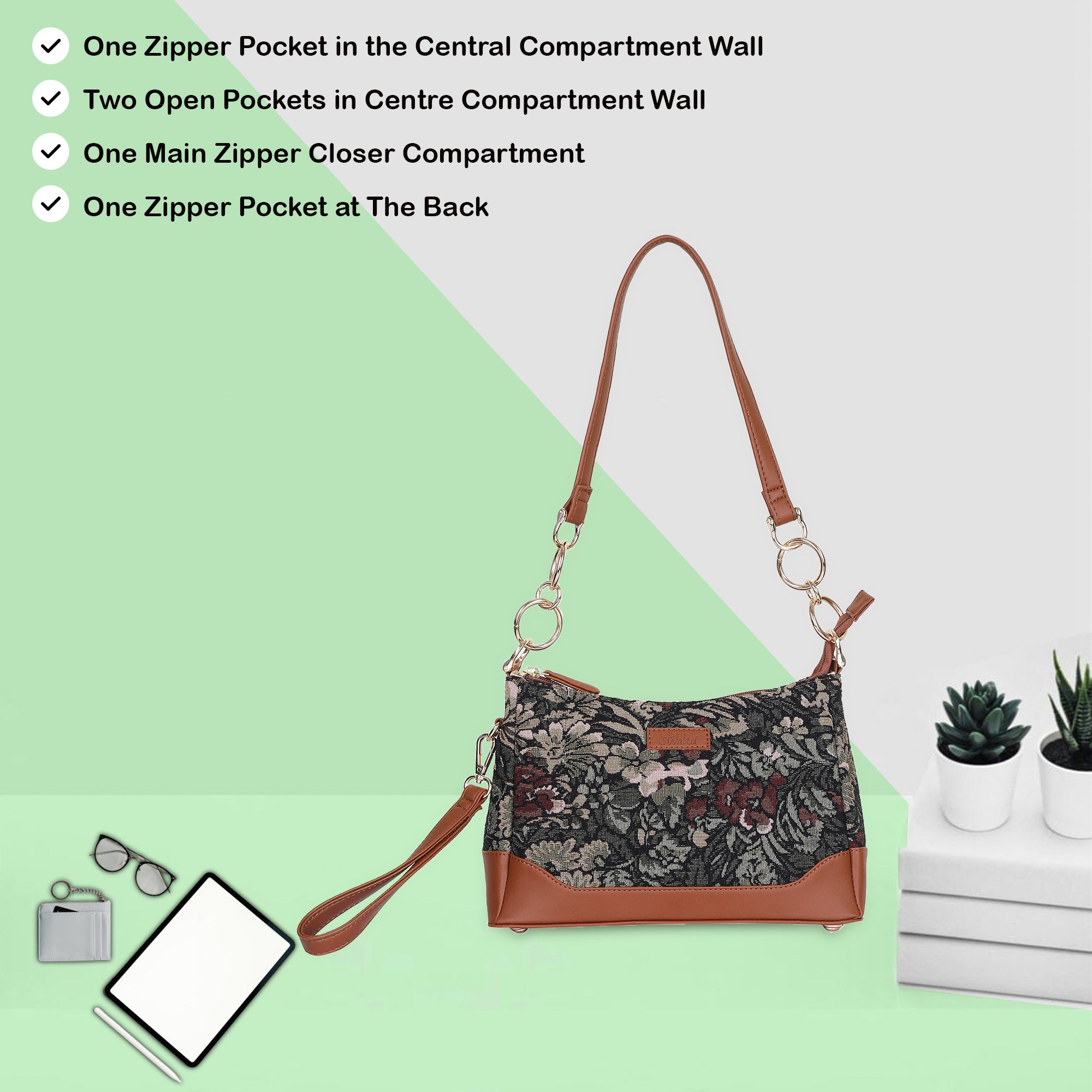 Women’s Tapestry Shoulder Bag in Vintage Pattern – Vegan Leather-Trimmed Tote & Sling Satchel Purse for Office & Daily Use