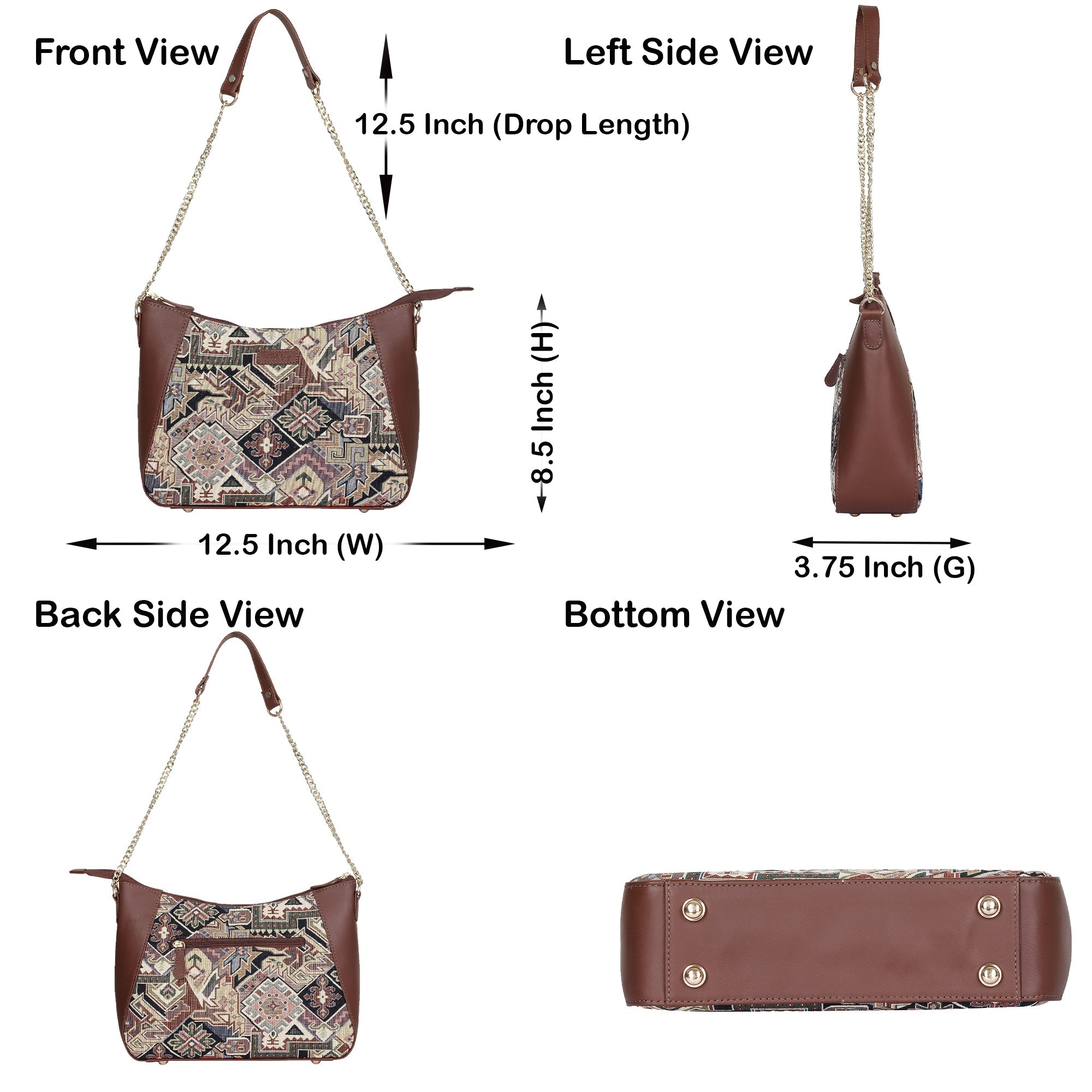 Sishka Geometric Design Tapestry Hobo Bag | Stylish Leather-Trimmed Shoulder & Satchel Bag with Chain Strap for Office & Outings
