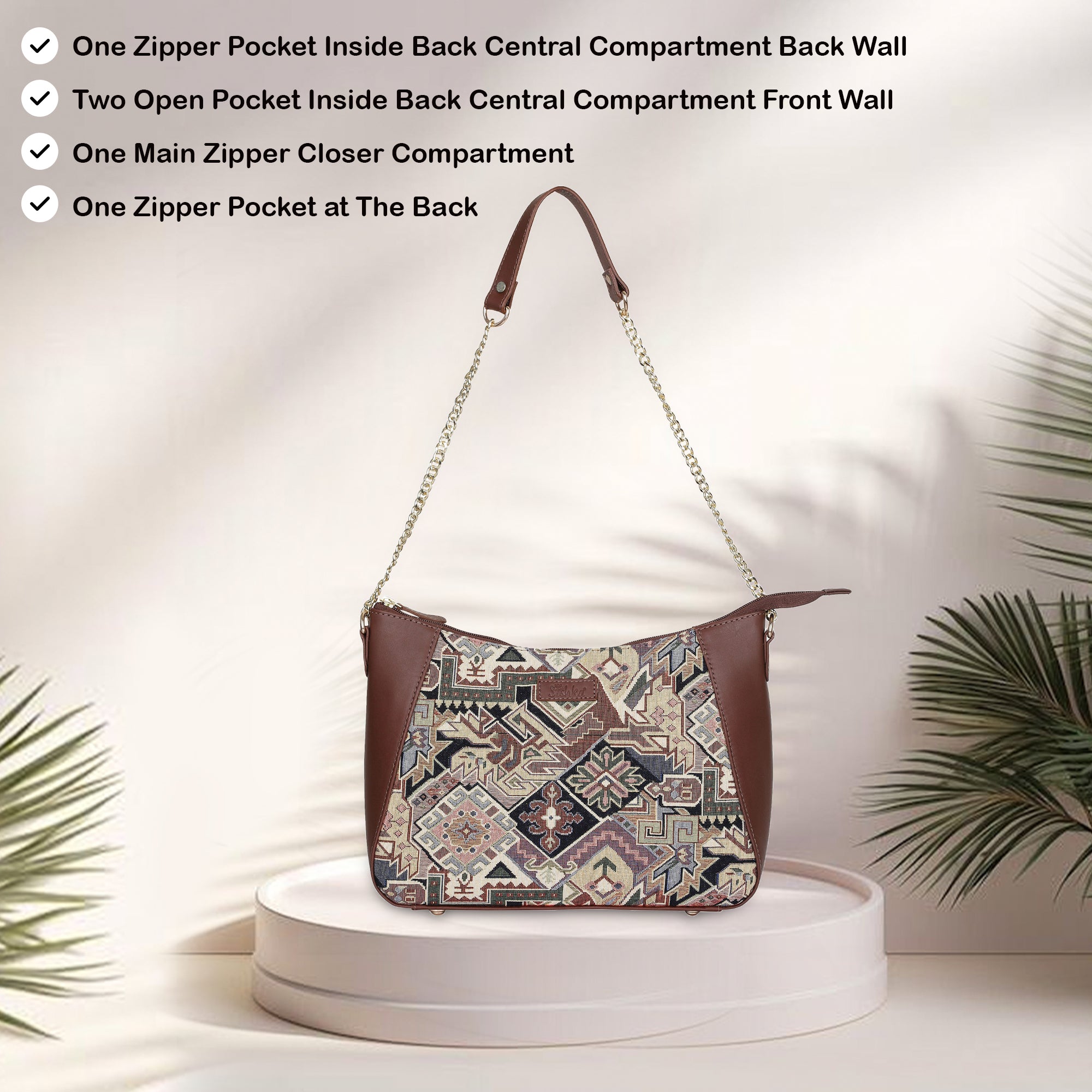 Sishka Geometric Design Tapestry Hobo Bag | Stylish Leather-Trimmed Shoulder & Satchel Bag with Chain Strap for Office & Outings
