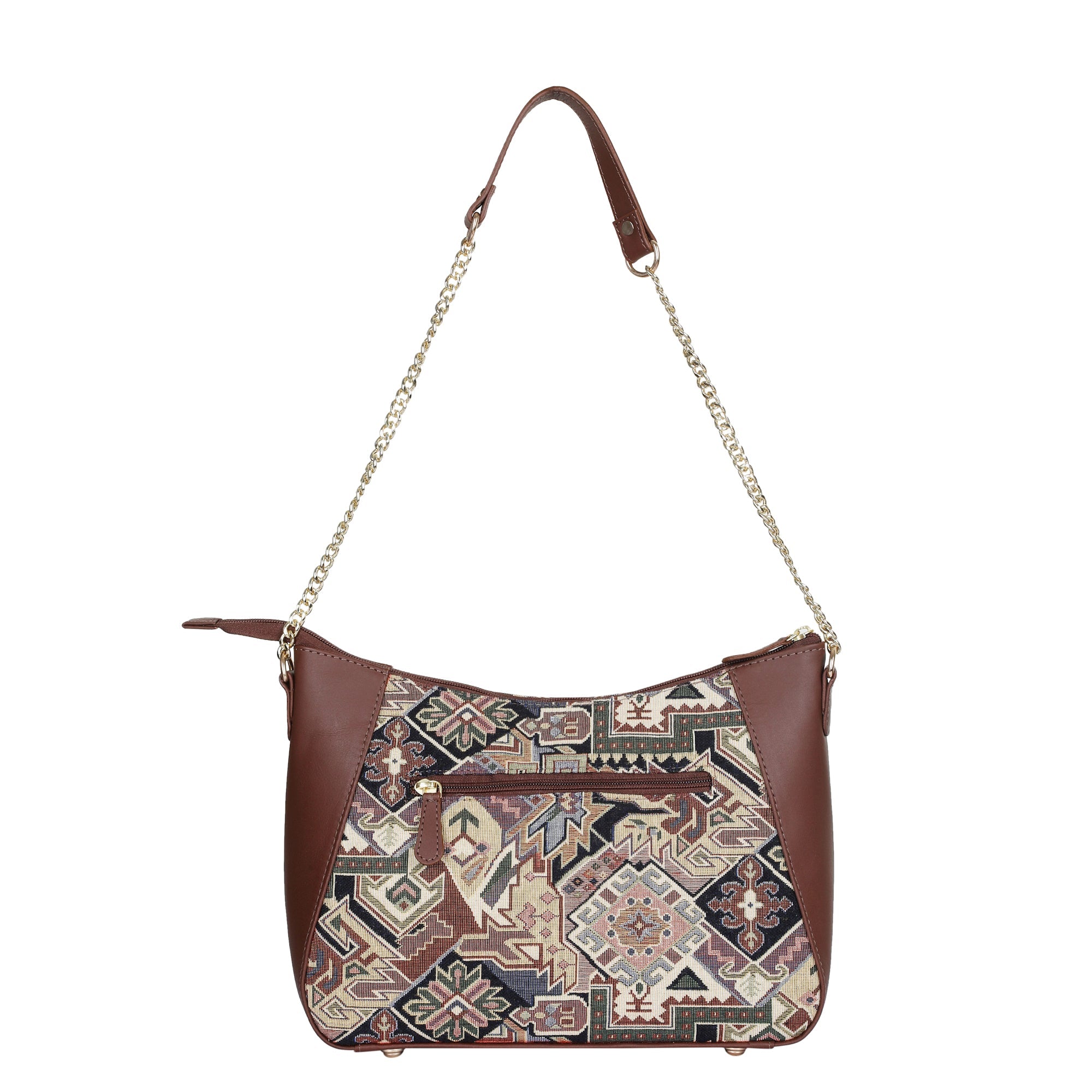 Sishka Geometric Design Tapestry Hobo Bag | Stylish Leather-Trimmed Shoulder & Satchel Bag with Chain Strap for Office & Outings