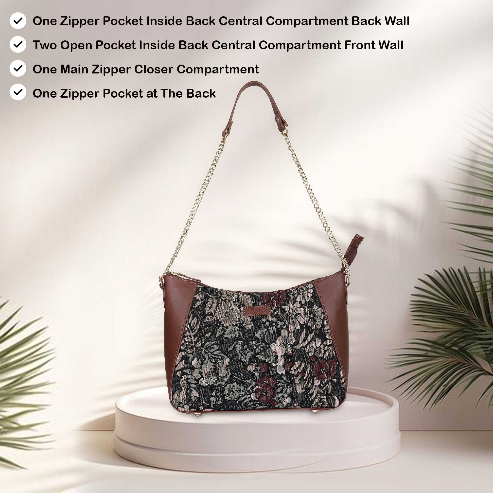 Sishka Women's Hobo Bag in Vintage Pattern Tapestry Fabric | Leather-Trimmed Shoulder & Sling Purse with Chain and Leather Strap for Daily Use