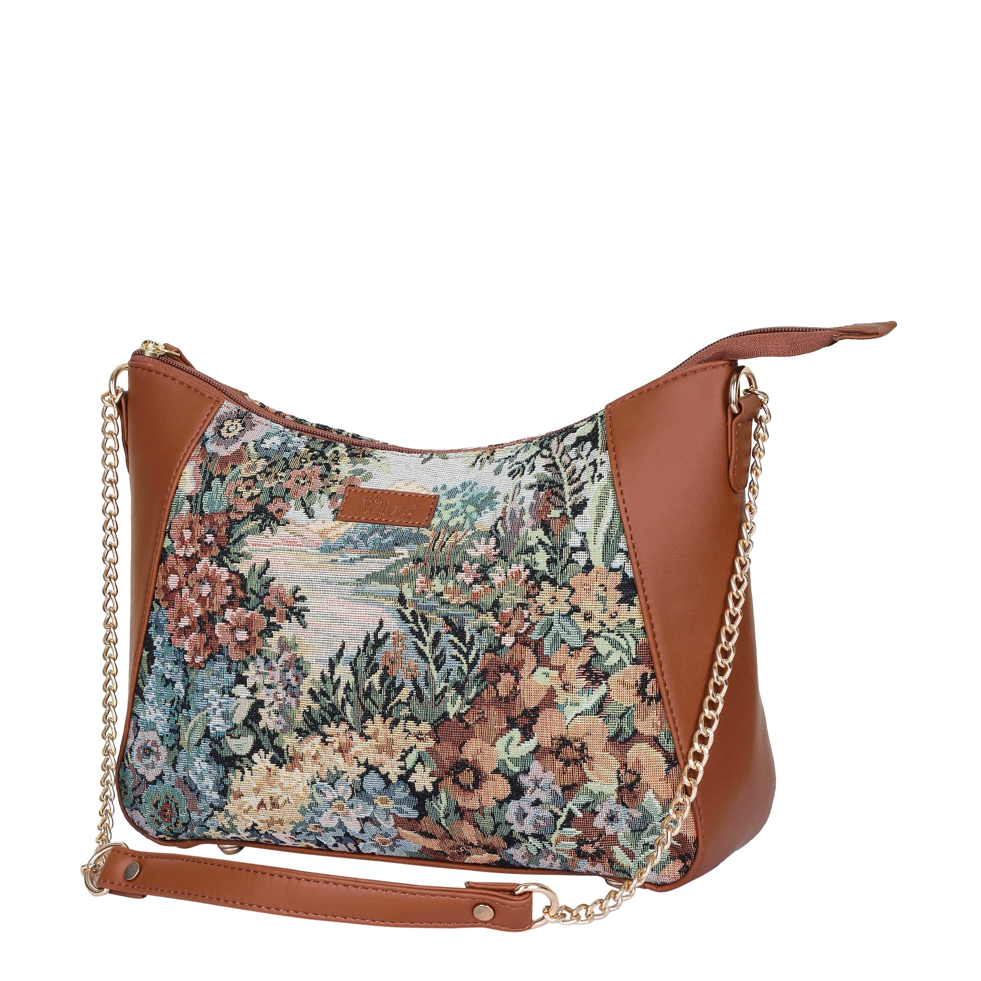 Women’s Botanical Tapestry Hobo Shoulder Bag – Vegan Leather Satchel Purse with Chain Strap & Top Handle for Travel