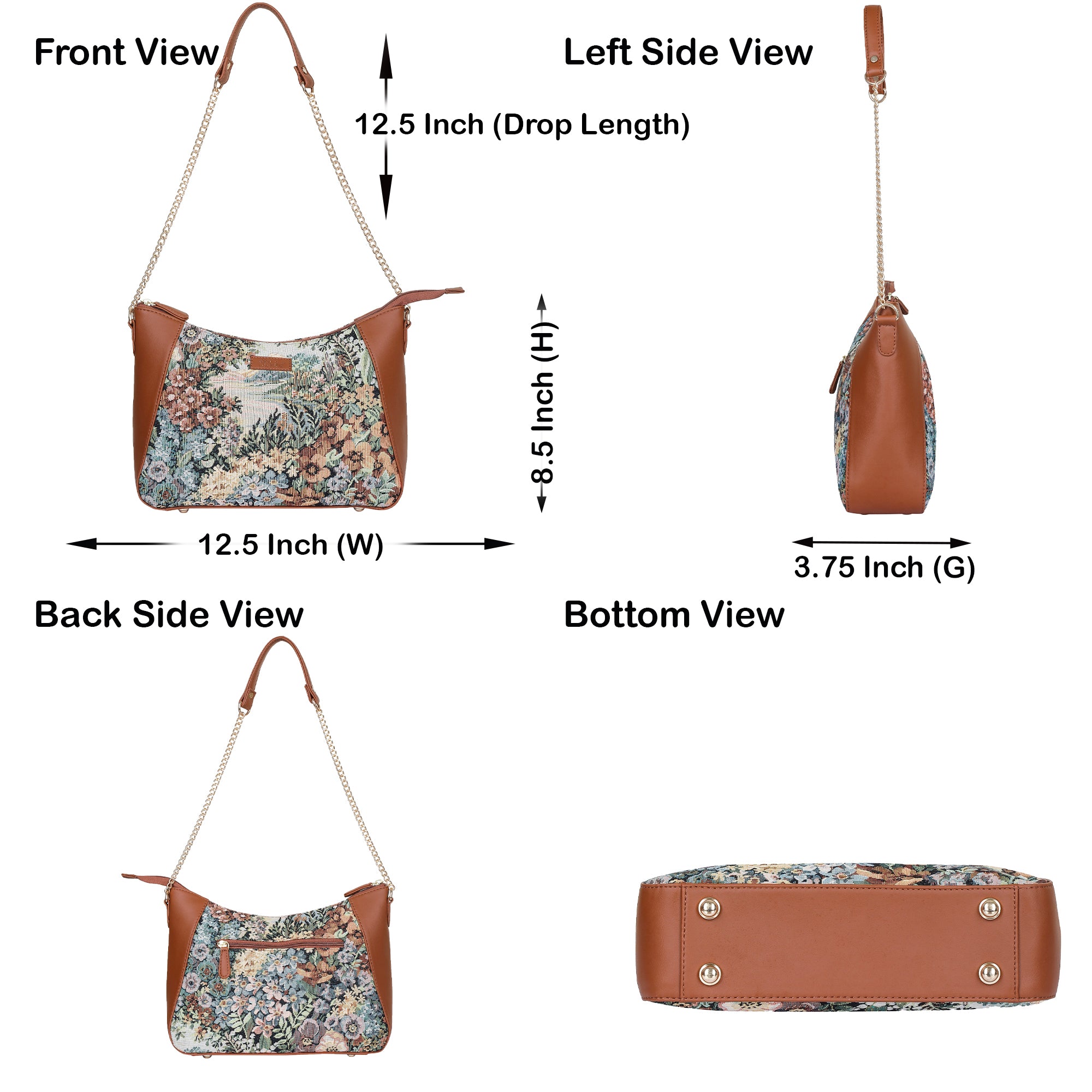 Women’s Botanical Tapestry Hobo Shoulder Bag – Vegan Leather Satchel Purse with Chain Strap & Top Handle for Travel