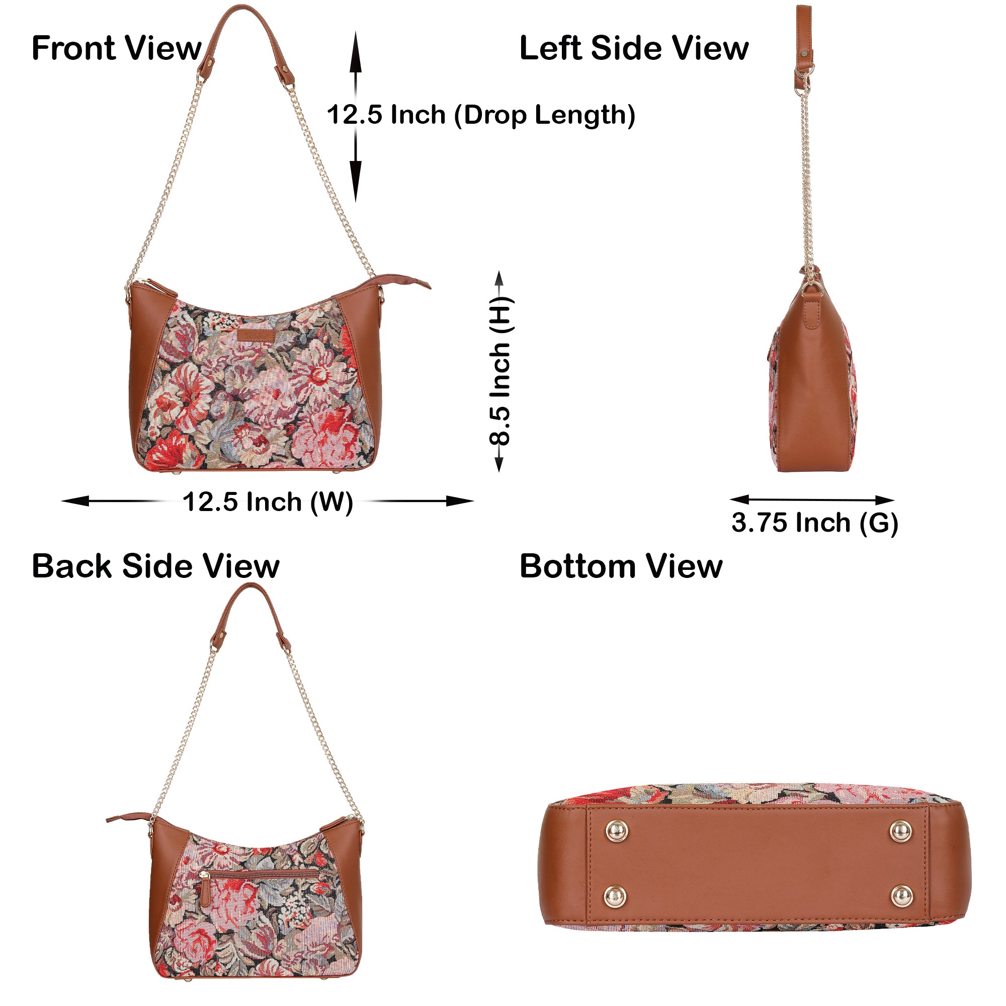 Ladies’ Floral Tapestry Hobo Shoulder Bag – Vegan Leather Satchel Purse with Top Handle & Chain Strap for Daily Use