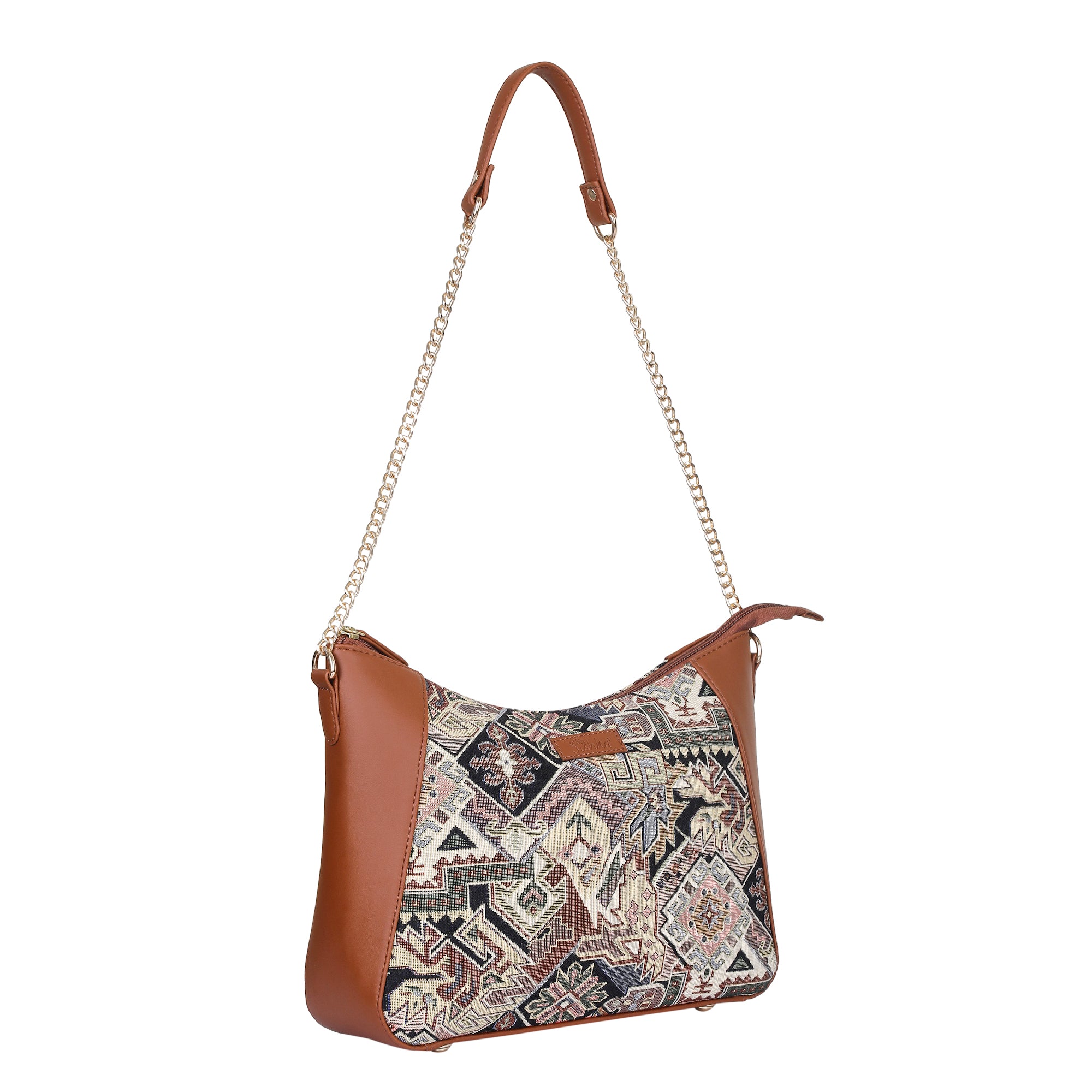 Ladies’ Geometric Tapestry Hobo Shoulder Bag – Vegan Leather Tote Purse with Chain Strap & Top Handle for Everyday Carry