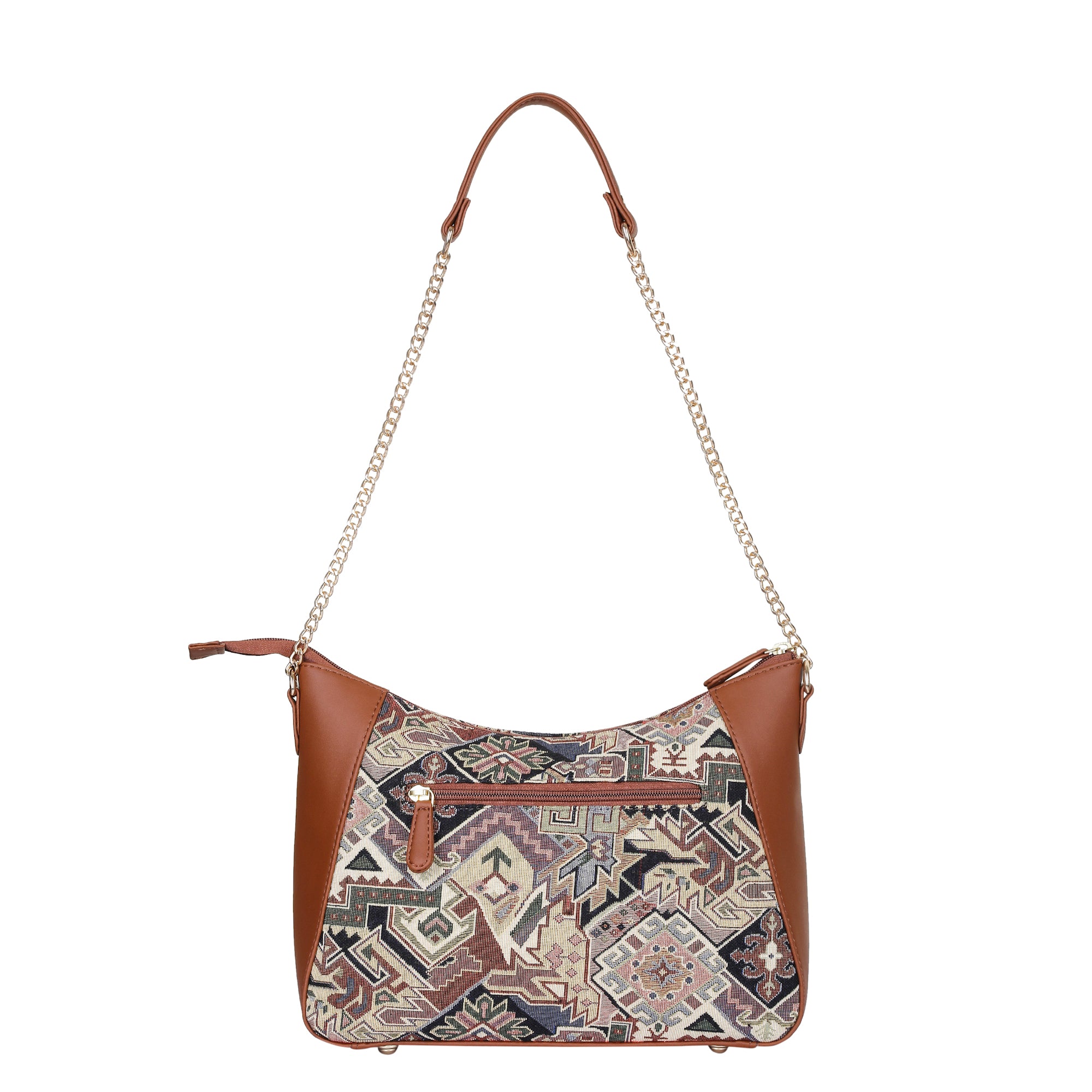 Ladies’ Geometric Tapestry Hobo Shoulder Bag – Vegan Leather Tote Purse with Chain Strap & Top Handle for Everyday Carry