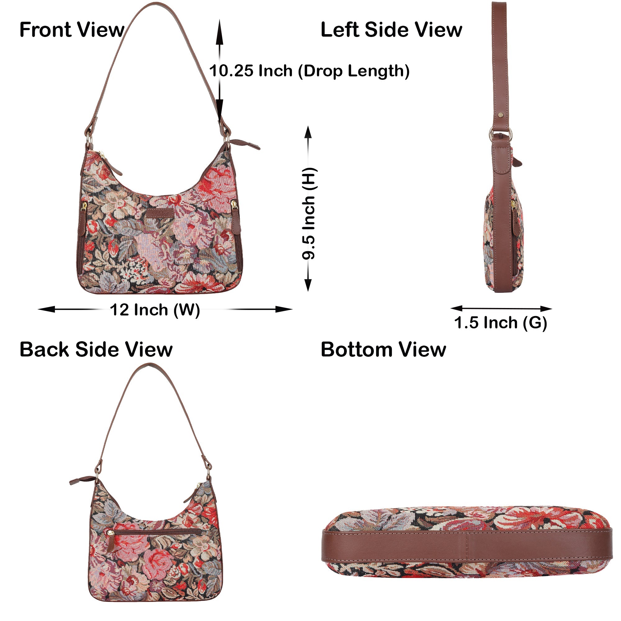 Sishka Ladies Hobo Bag in Floral Design Tapestry Fabric | Leather-Trimmed Shoulder Satchel with Leather Strap for Everyday Use