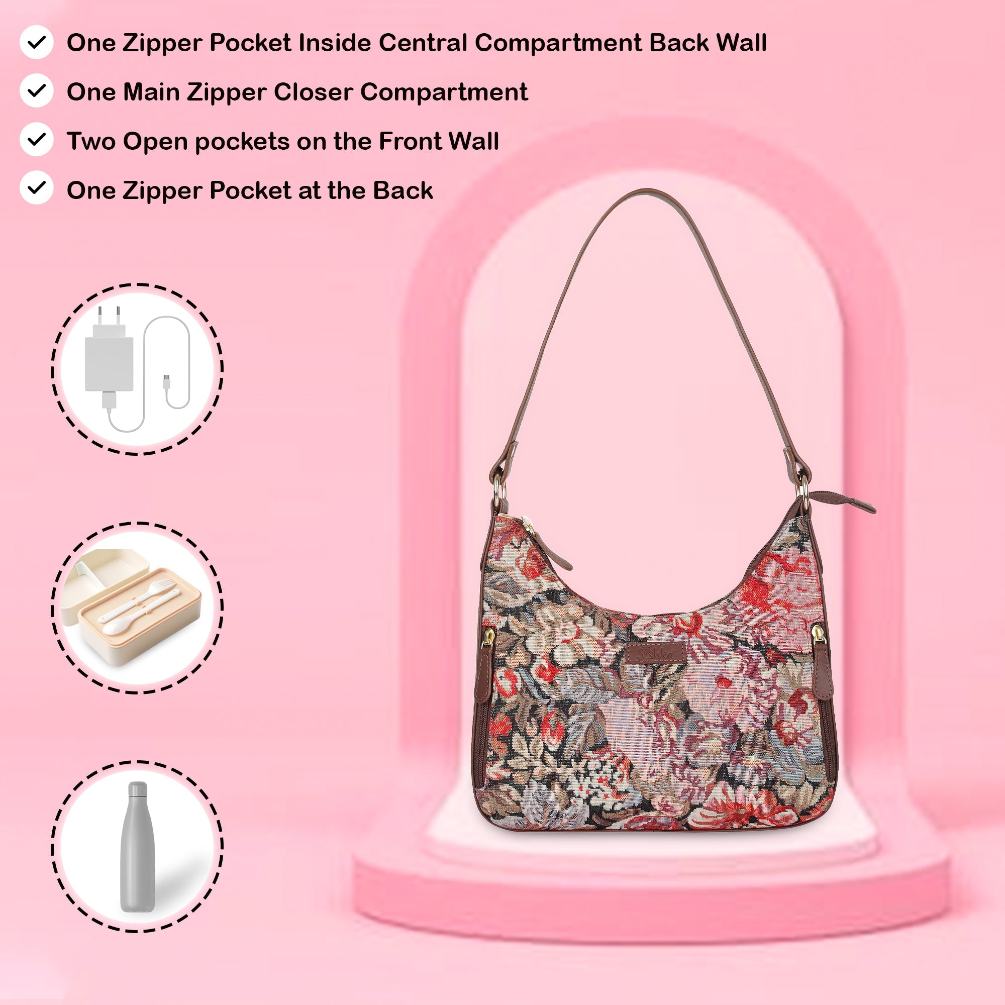 Sishka Ladies Hobo Bag in Floral Design Tapestry Fabric | Leather-Trimmed Shoulder Satchel with Leather Strap for Everyday Use