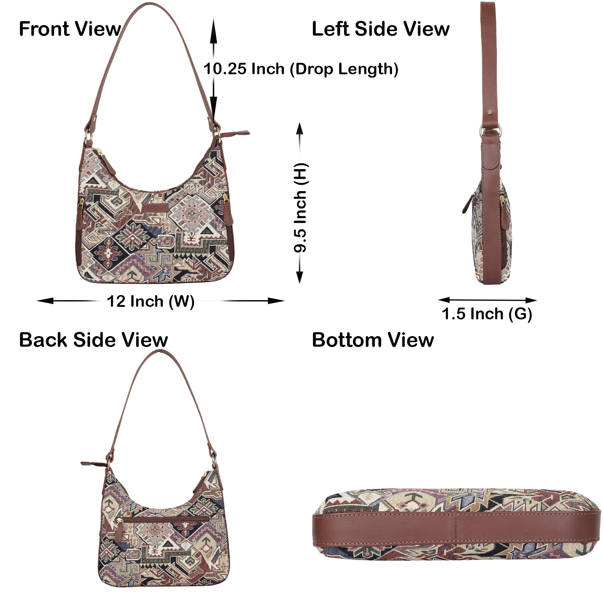 Sishka Geometric Pattern Tapestry Hobo Bag For Ladies| Stylish Leather-Trimmed Shoulder & Satchel Bag with Leather Strap for Office & Outings