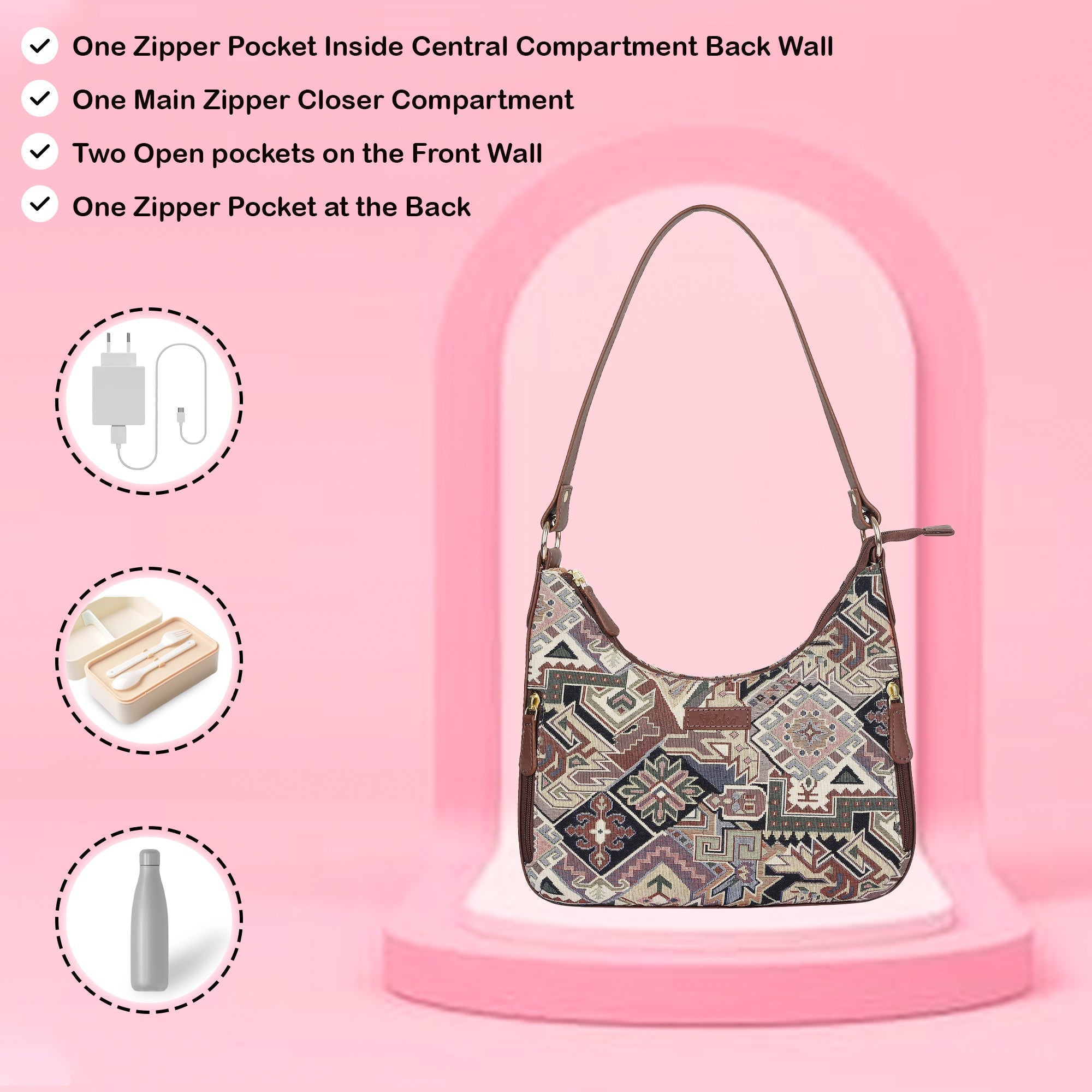Sishka Geometric Pattern Tapestry Hobo Bag For Ladies| Stylish Leather-Trimmed Shoulder & Satchel Bag with Leather Strap for Office & Outings