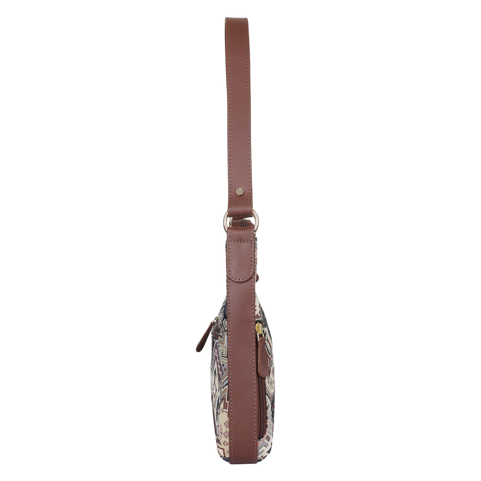 Sishka Geometric Pattern Tapestry Hobo Bag For Ladies| Stylish Leather-Trimmed Shoulder & Satchel Bag with Leather Strap for Office & Outings