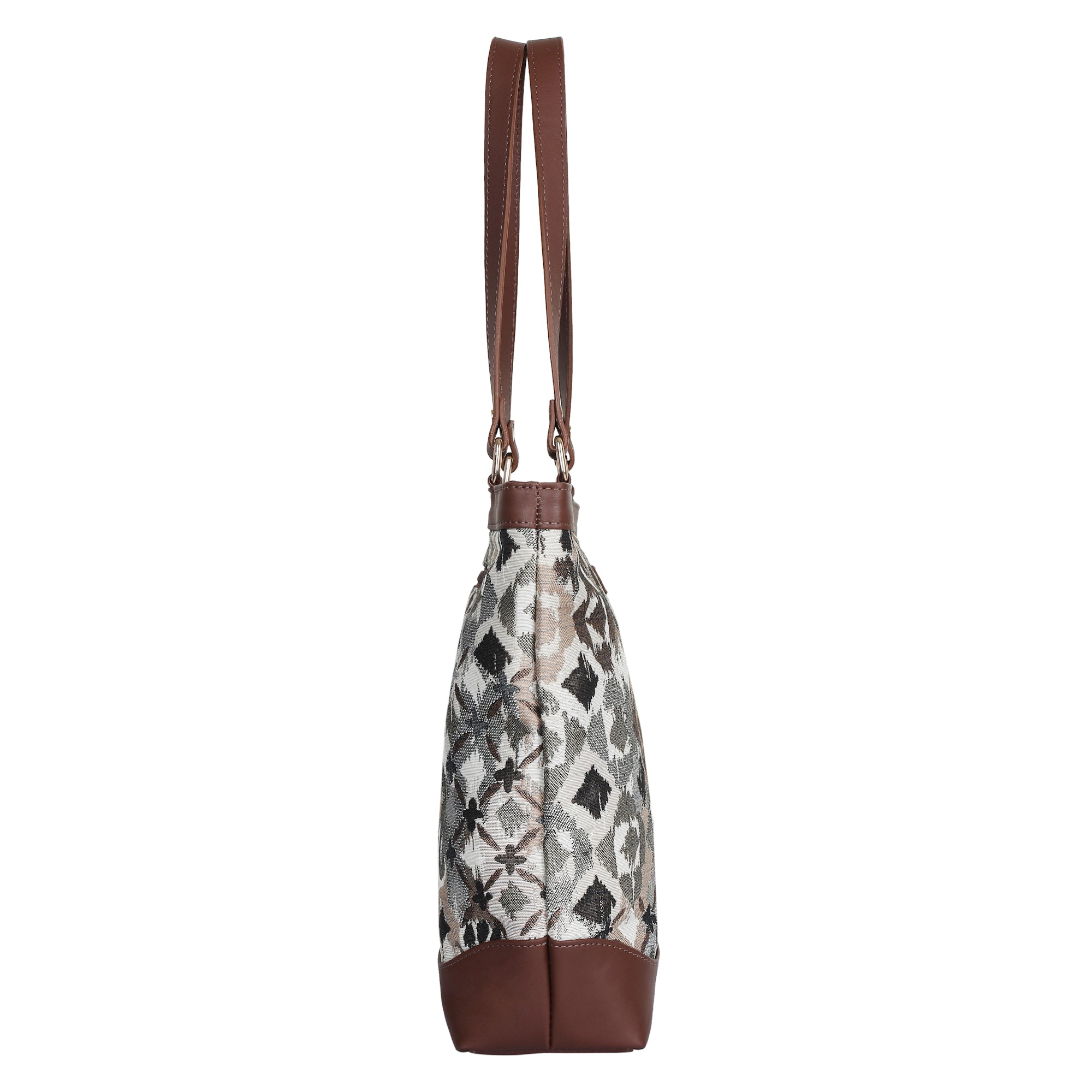 Women’s Abstract Tapestry Tote Bag – Leather-Trimmed Top Handle Shoulder Purse for Travel & Everyday Style
