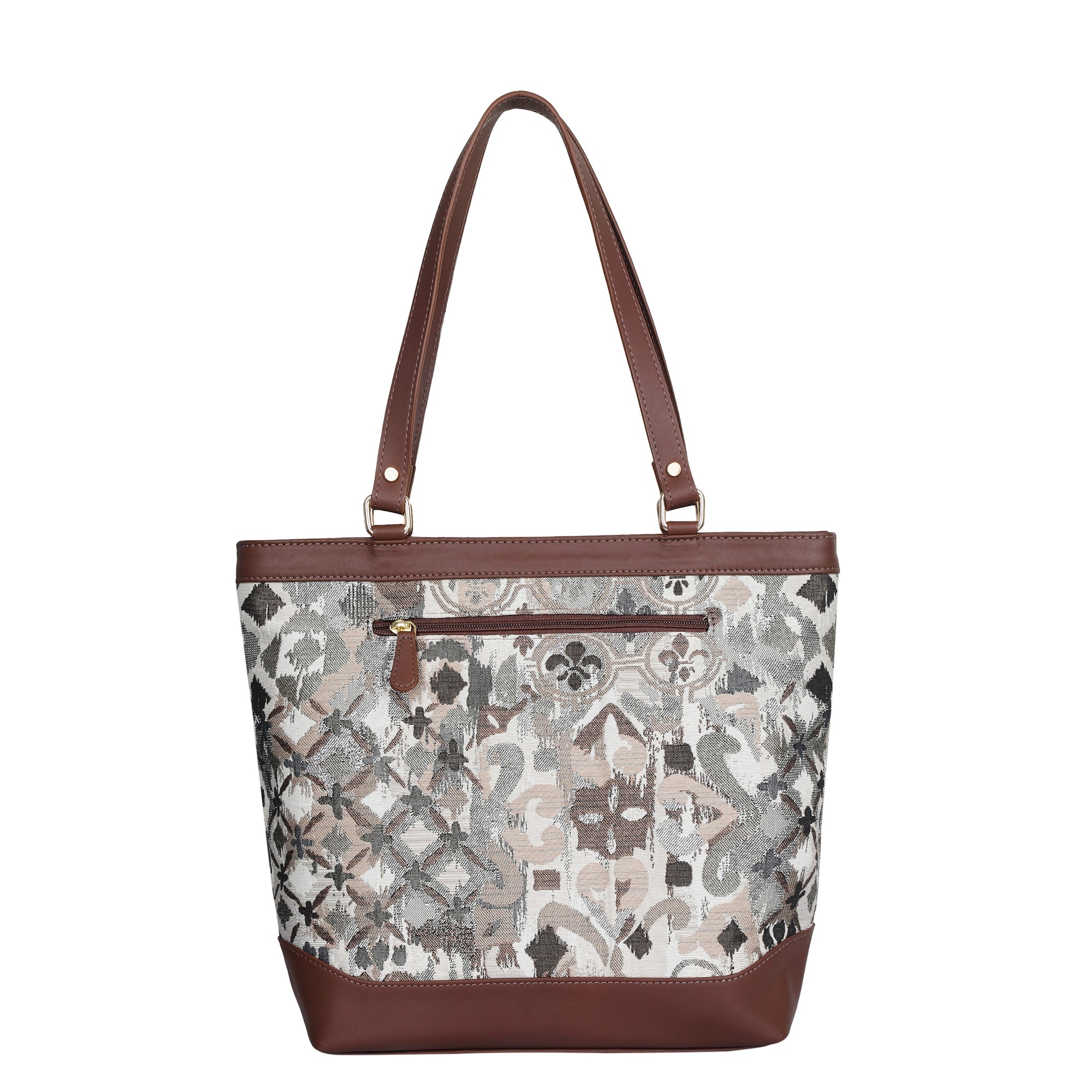Women’s Abstract Tapestry Tote Bag – Leather-Trimmed Top Handle Shoulder Purse for Travel & Everyday Style