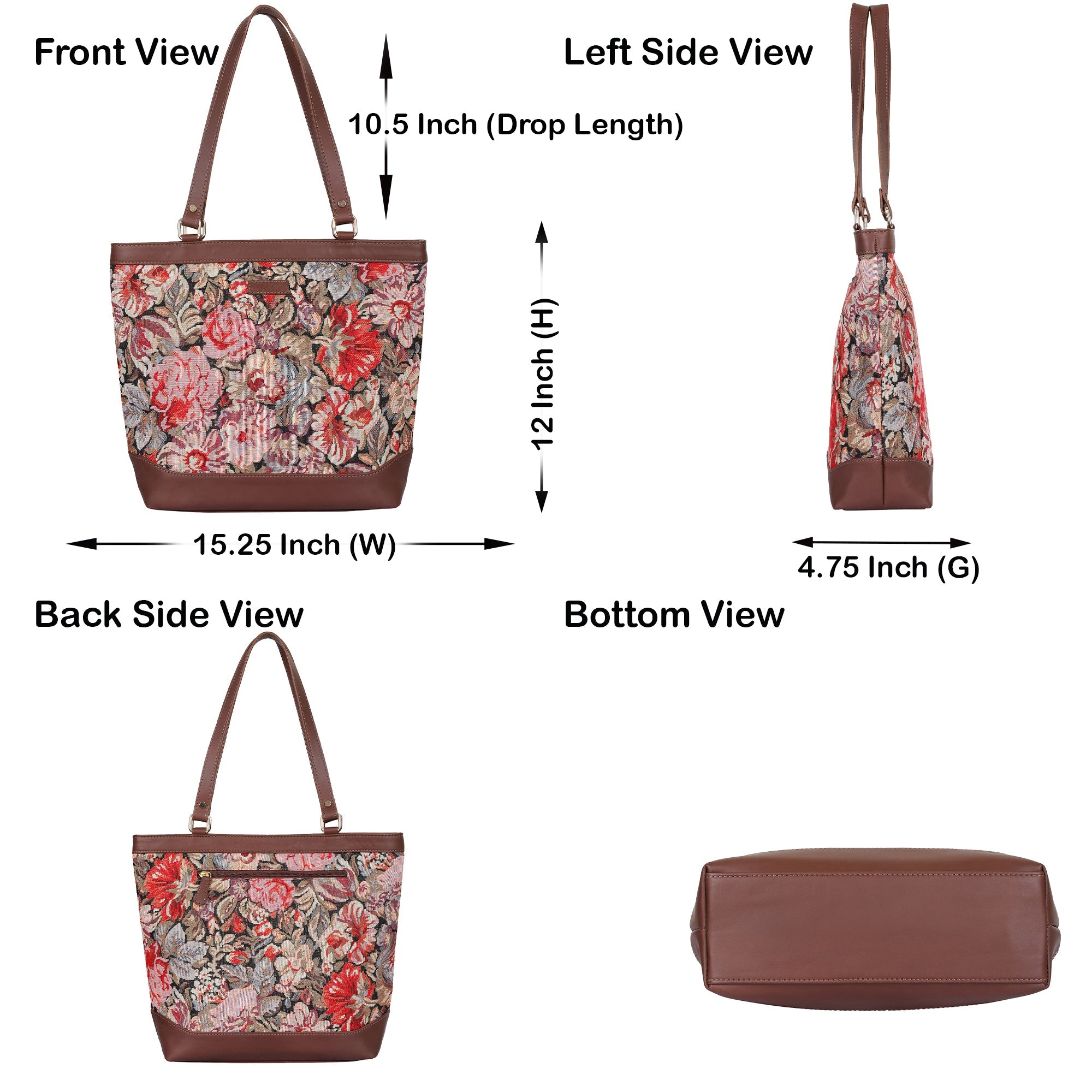 Women’s Floral Tapestry Tote Bag – Leather-Trimmed Shoulder Handbag with Top Handle for Daily Use