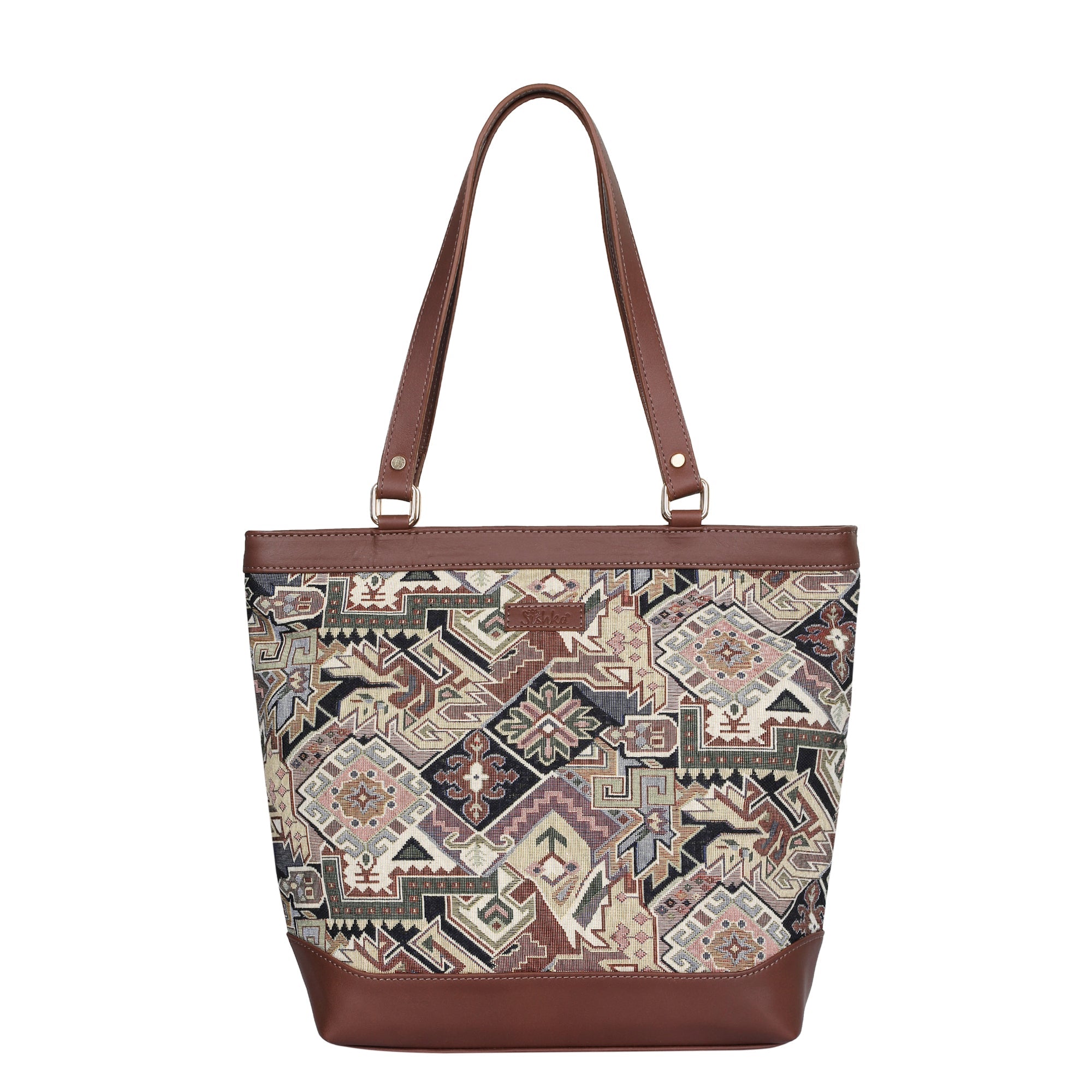 Geometric Tapestry Tote Bag – Leather Top Handle Purse