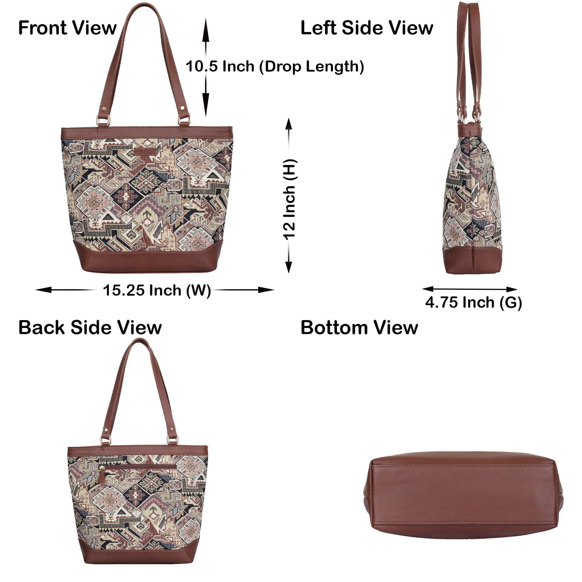 Women’s Geometric Tapestry Tote Bag – Elegant Leather-Trimmed Shoulder Purse with Top Handle for Work & Outings