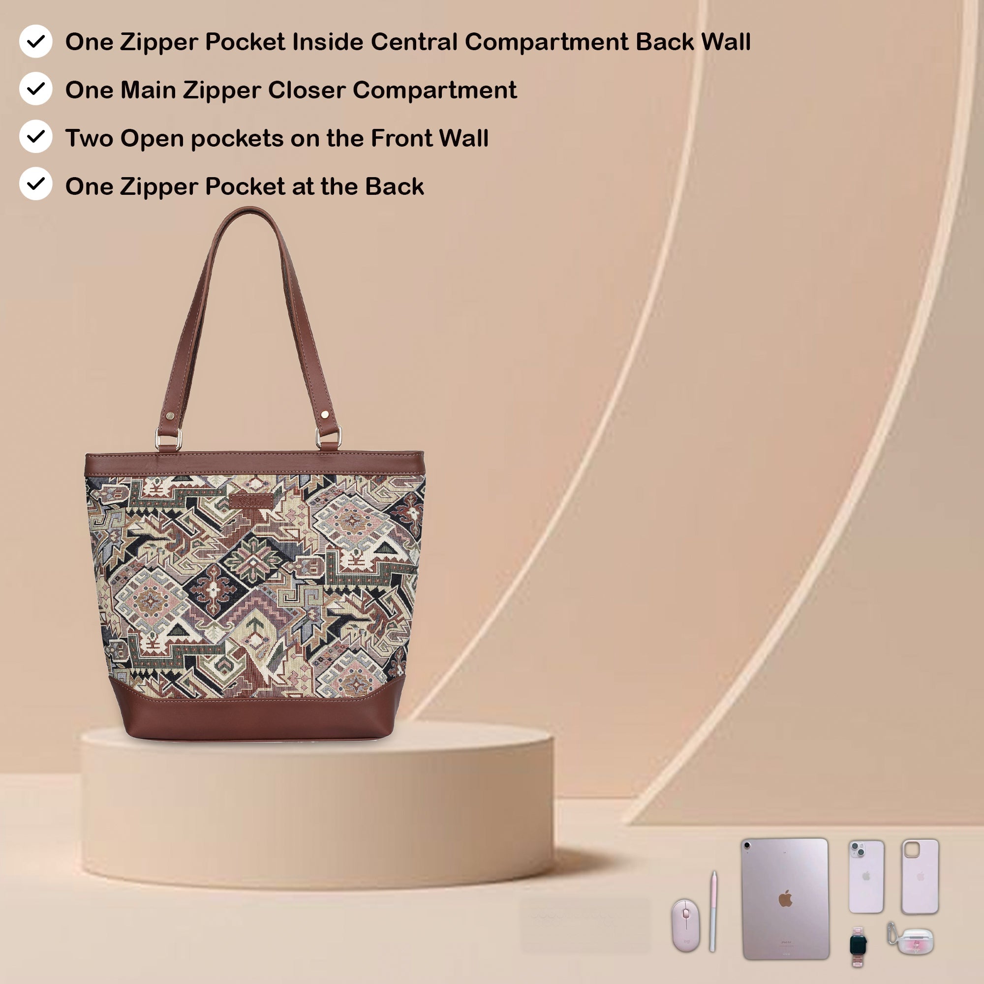 Women’s Geometric Tapestry Tote Bag – Elegant Leather-Trimmed Shoulder Purse with Top Handle for Work & Outings