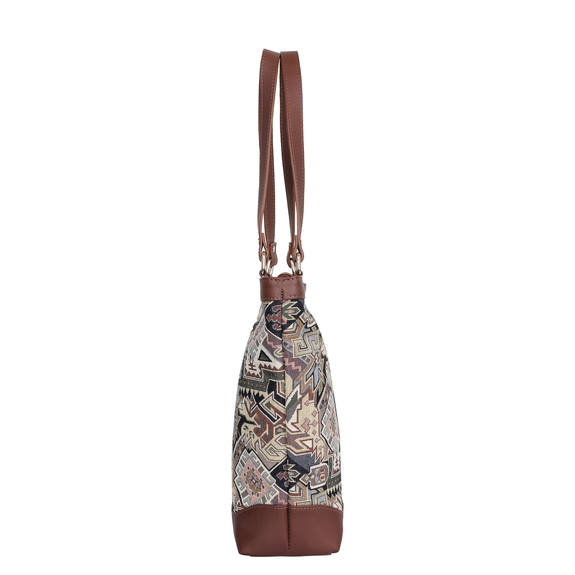 Women’s Geometric Tapestry Tote Bag – Elegant Leather-Trimmed Shoulder Purse with Top Handle for Work & Outings