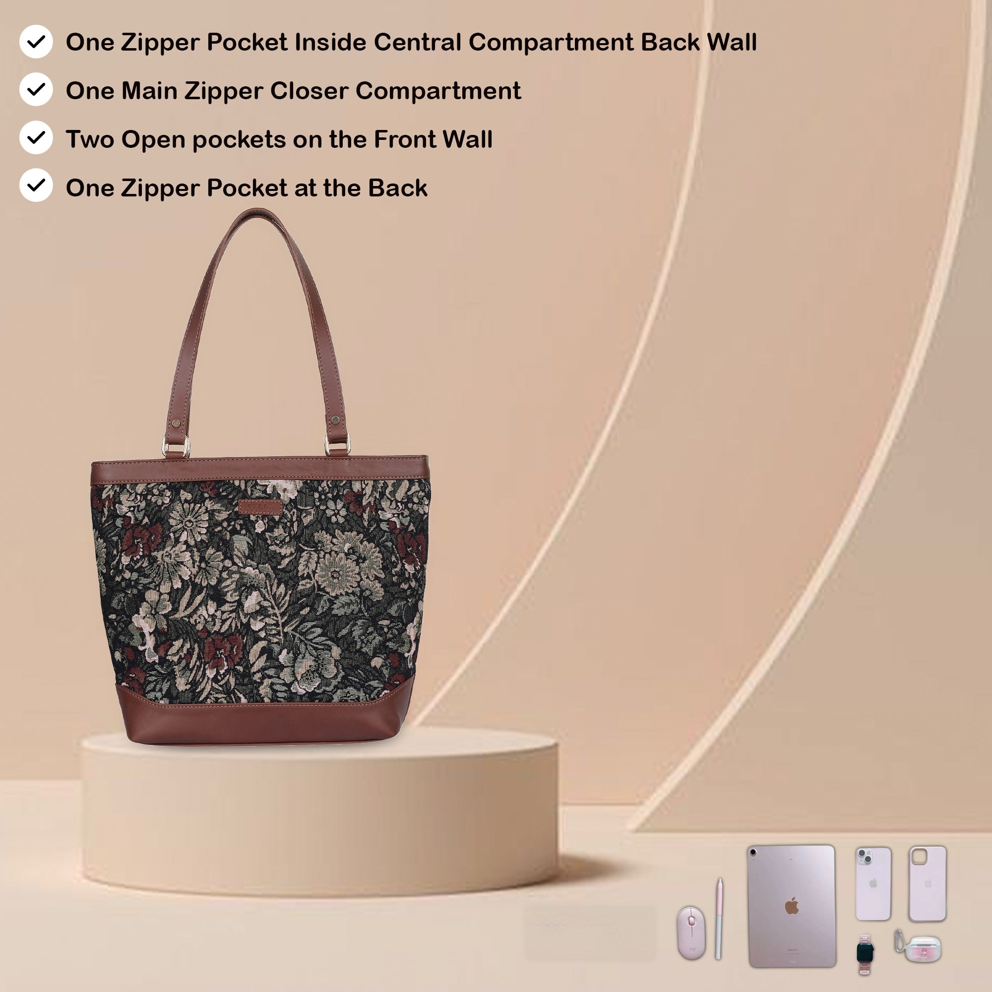 Women’s Vintage Tapestry Tote Bag – Leather-Trimmed Top Handle Shoulder Handbag for Office