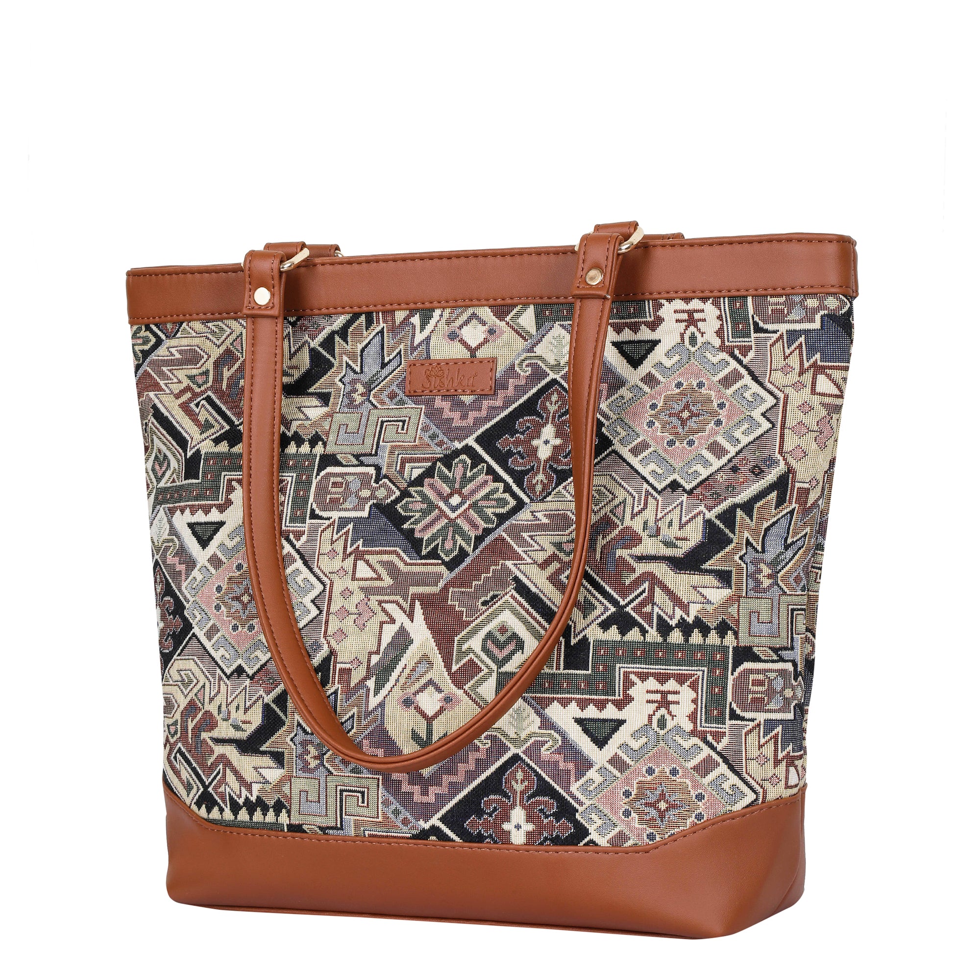 Ladies’ Geometric Tapestry Tote Bag – Vegan Leather-Accented Handbag with Sling Strap & Top Handles for Work & Travel