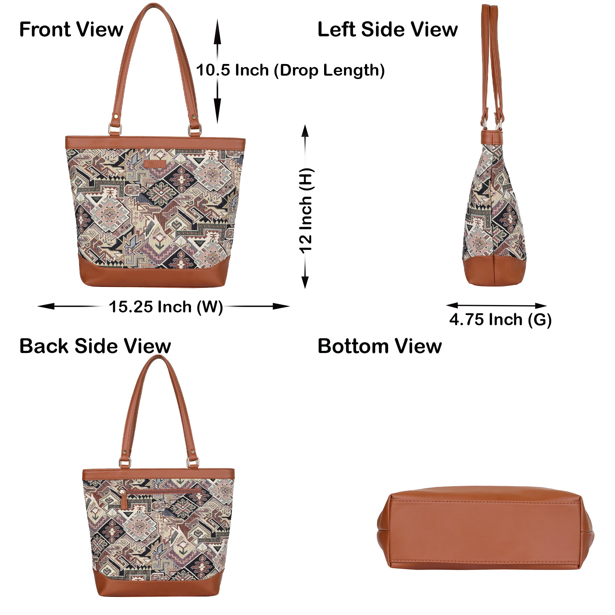 Ladies’ Geometric Tapestry Tote Bag – Vegan Leather-Accented Handbag with Sling Strap & Top Handles for Work & Travel