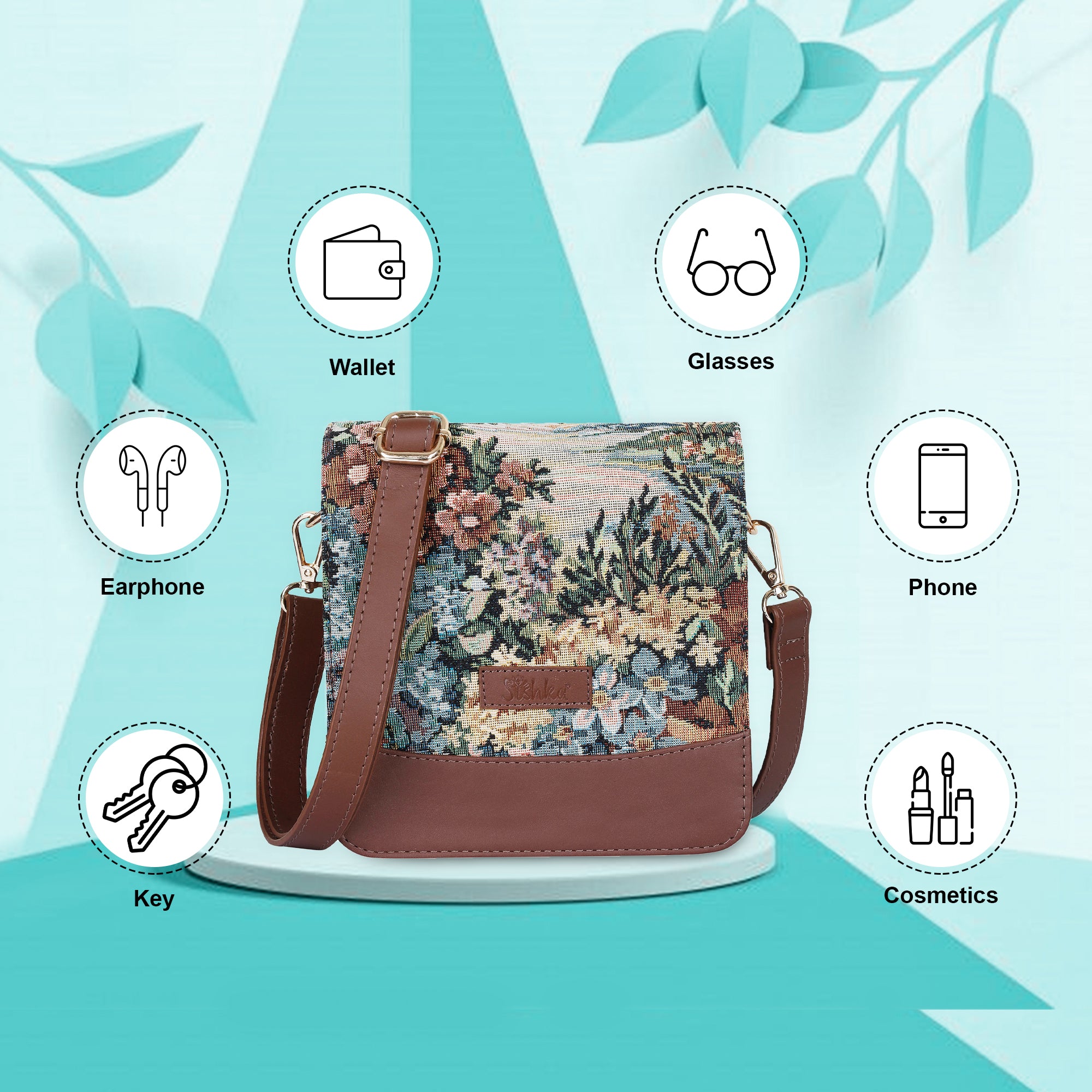 Sishka Botanical Pattern Tapestry Crossbody Bag for Women – Versatile Messenger Purse Shoulder Bag with Leather Trim & Adjustable Detachable Strap for Travel & Daily Carry