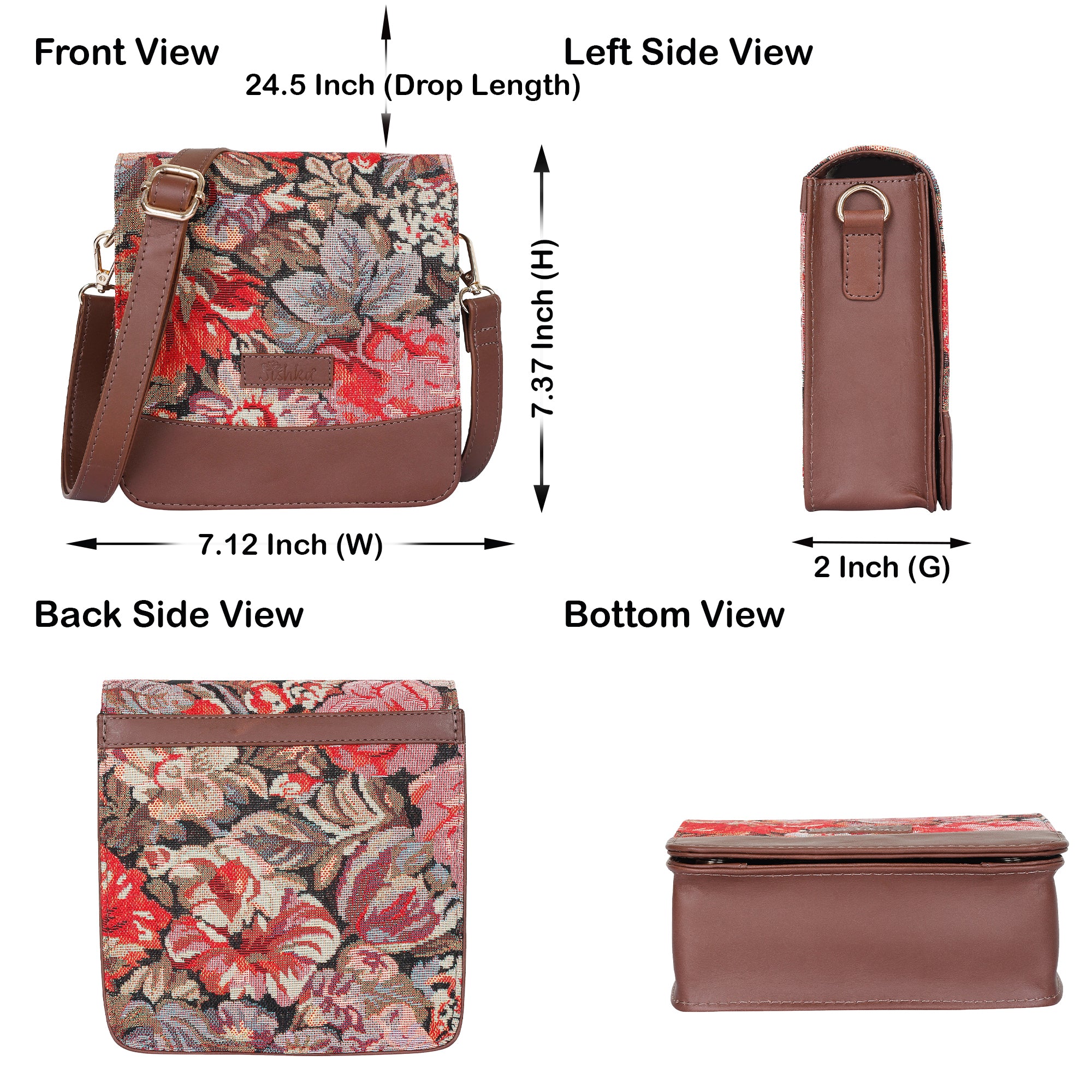 Sishka Floral Design Tapestry Fabric Crossbody Sling Bag for Women – Fashionable Messenger & Shoulder Purse with Leather Trim and Detachable Strap for Travel & Outings