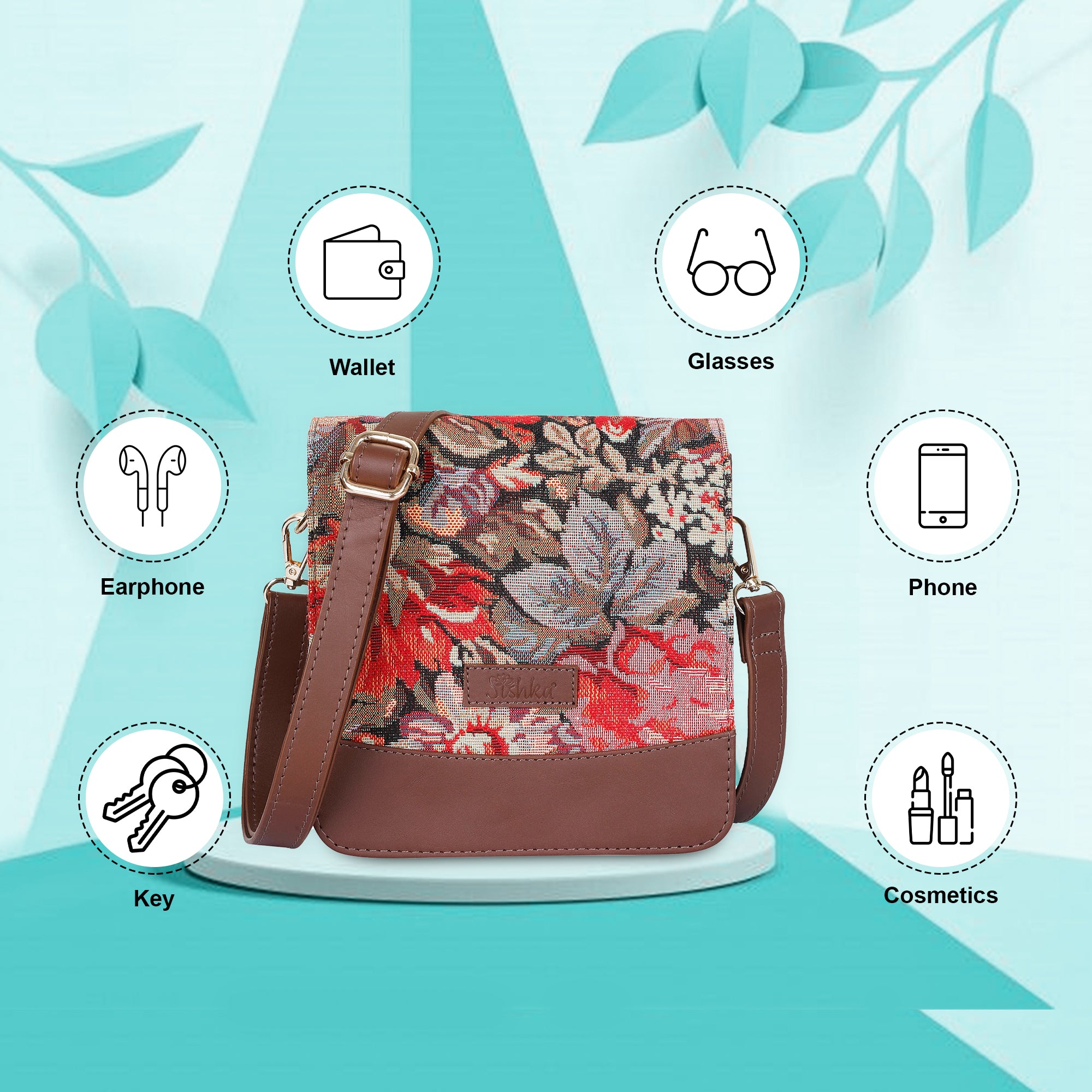 Sishka Floral Design Tapestry Fabric Crossbody Sling Bag for Women – Fashionable Messenger & Shoulder Purse with Leather Trim and Detachable Strap for Travel & Outings