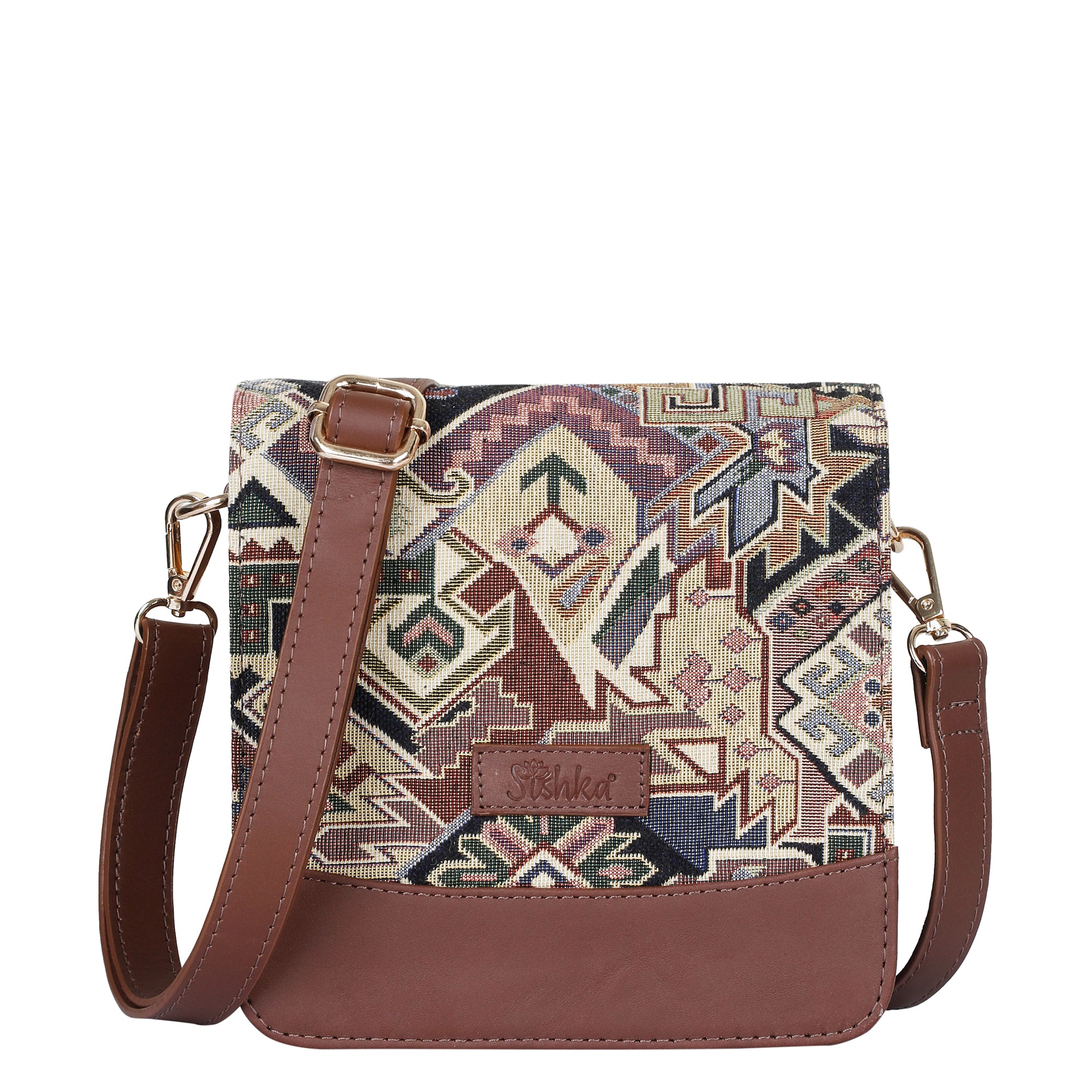 Sishka Women’s Tapestry Crossbody Sling in Geometric Pattern – Stylish Shoulder & Messenger Purse with Leather Trim and Detachable Adjustable Leather Strap for Daily Outings