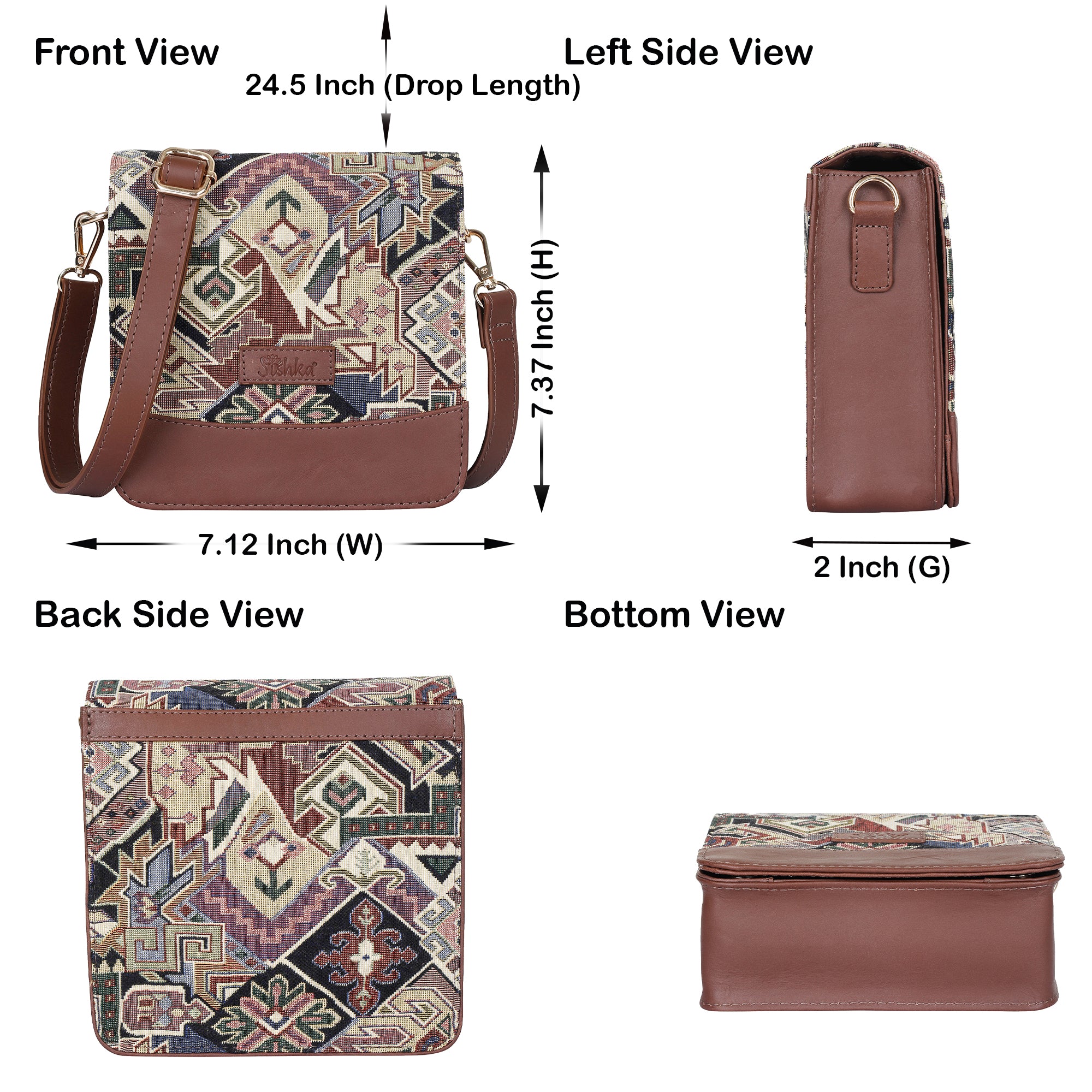 Sishka Women’s Tapestry Crossbody Sling in Geometric Pattern – Stylish Shoulder & Messenger Purse with Leather Trim and Detachable Adjustable Leather Strap for Daily Outings