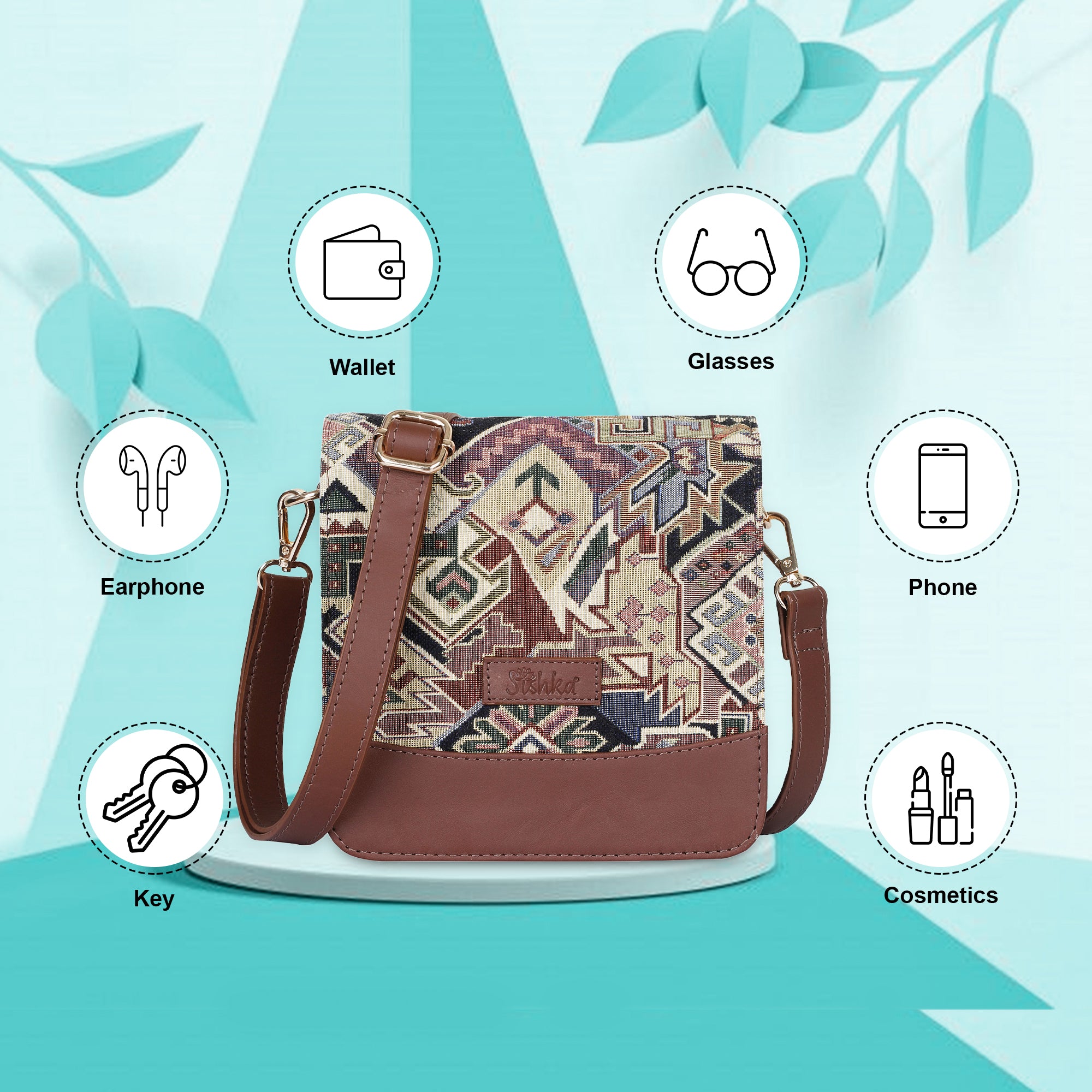 Sishka Women’s Tapestry Crossbody Sling in Geometric Pattern – Stylish Shoulder & Messenger Purse with Leather Trim and Detachable Adjustable Leather Strap for Daily Outings