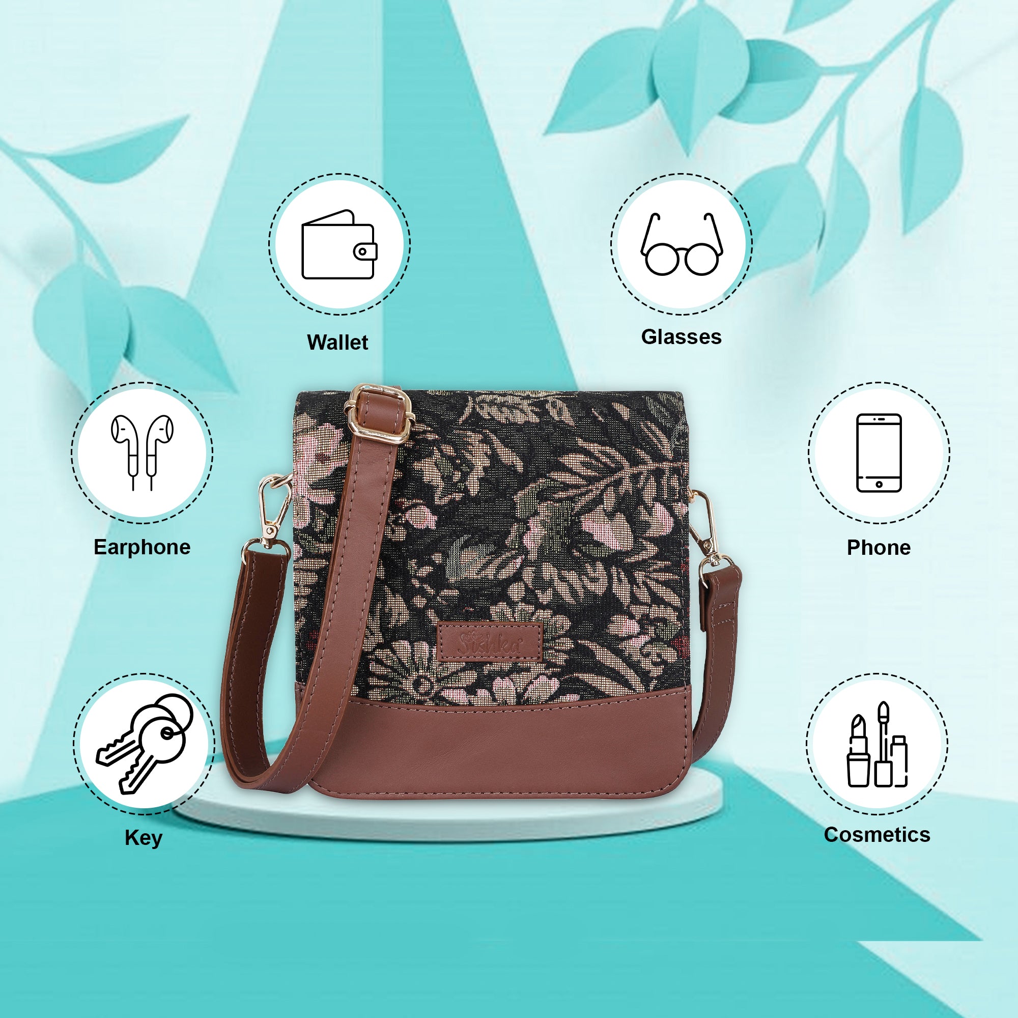 Sishka Tapestry Crossbody Sling Bag for Women in Vintage Design – Messenger Bag, Shoulder Purse with Leather Trim & Adjustable Leather Strap for Everyday Use