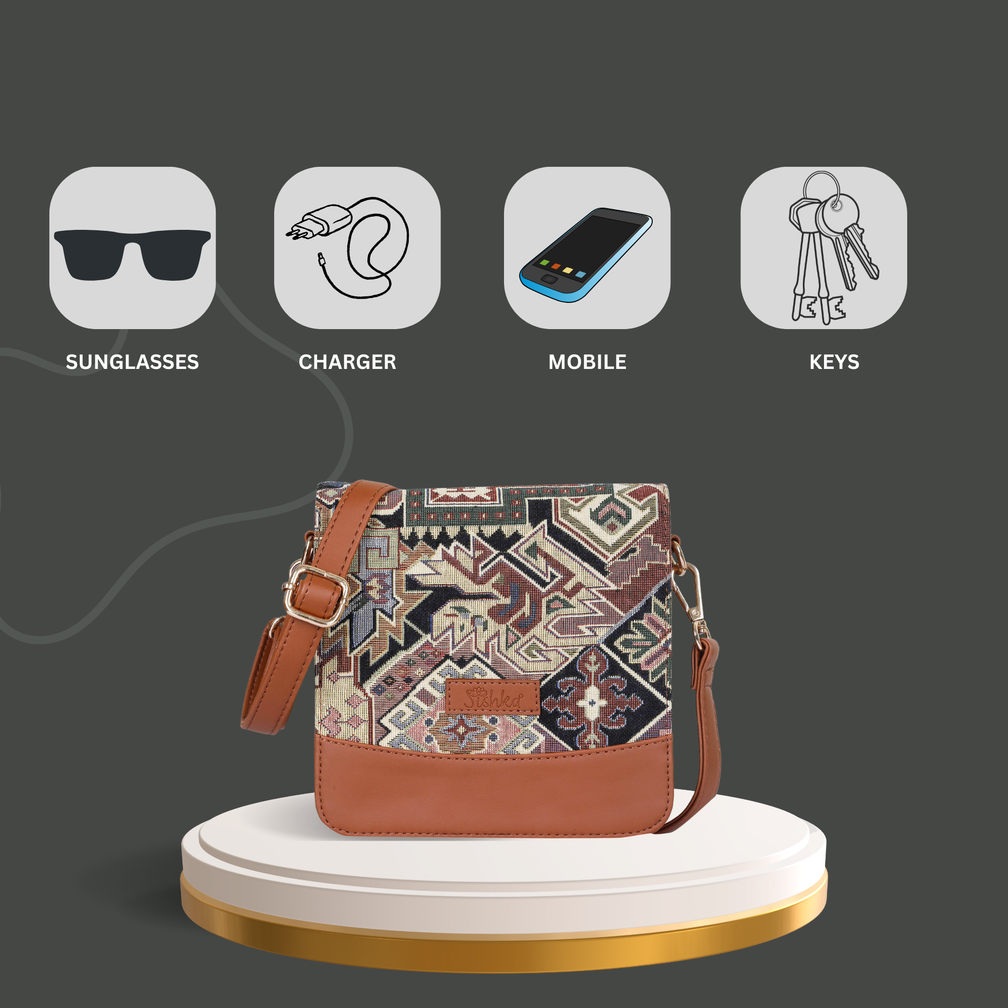 Ladies’ Geometric Pattern Tapestry Crossbody Bag – Satchel Shoulder Sling Purse with Vegan Leather Strap for Everyday Carry