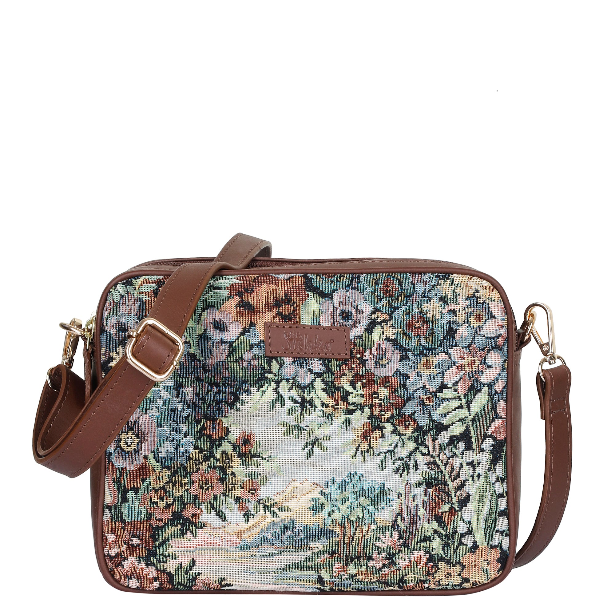 Women's Floral Tapestry Crossbody Sling Bag with Leather Trim Sishka