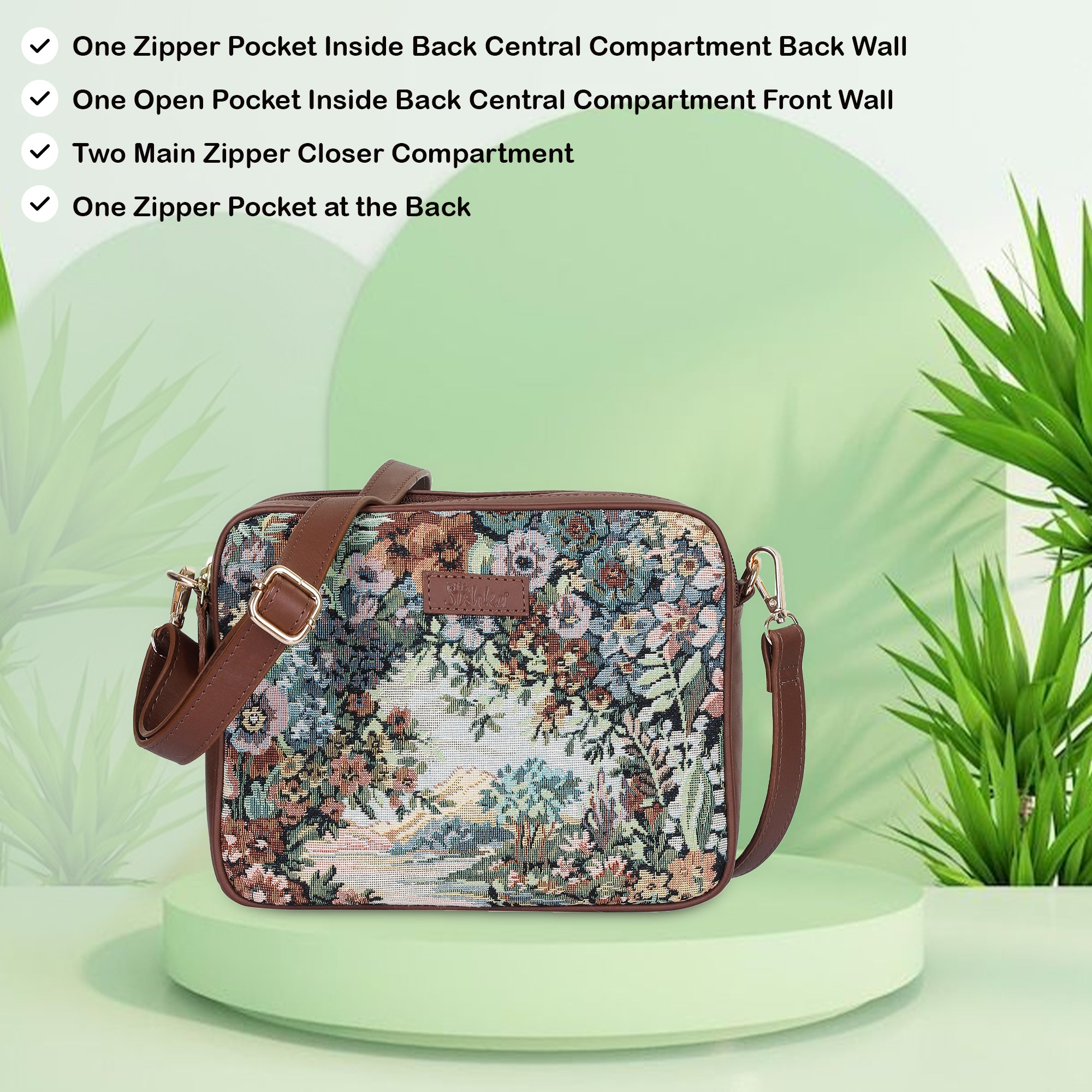 Women’s Floral Tapestry Crossbody Sling Bag – Vintage Inspired Shoulder Purse with Leather Trim
