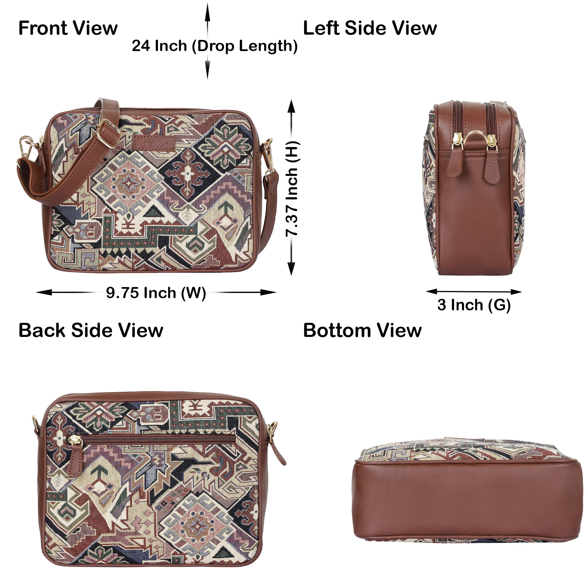 Women’s Geometric Tapestry Shoulder & Crossbody Messenger Bag with Leather Trim