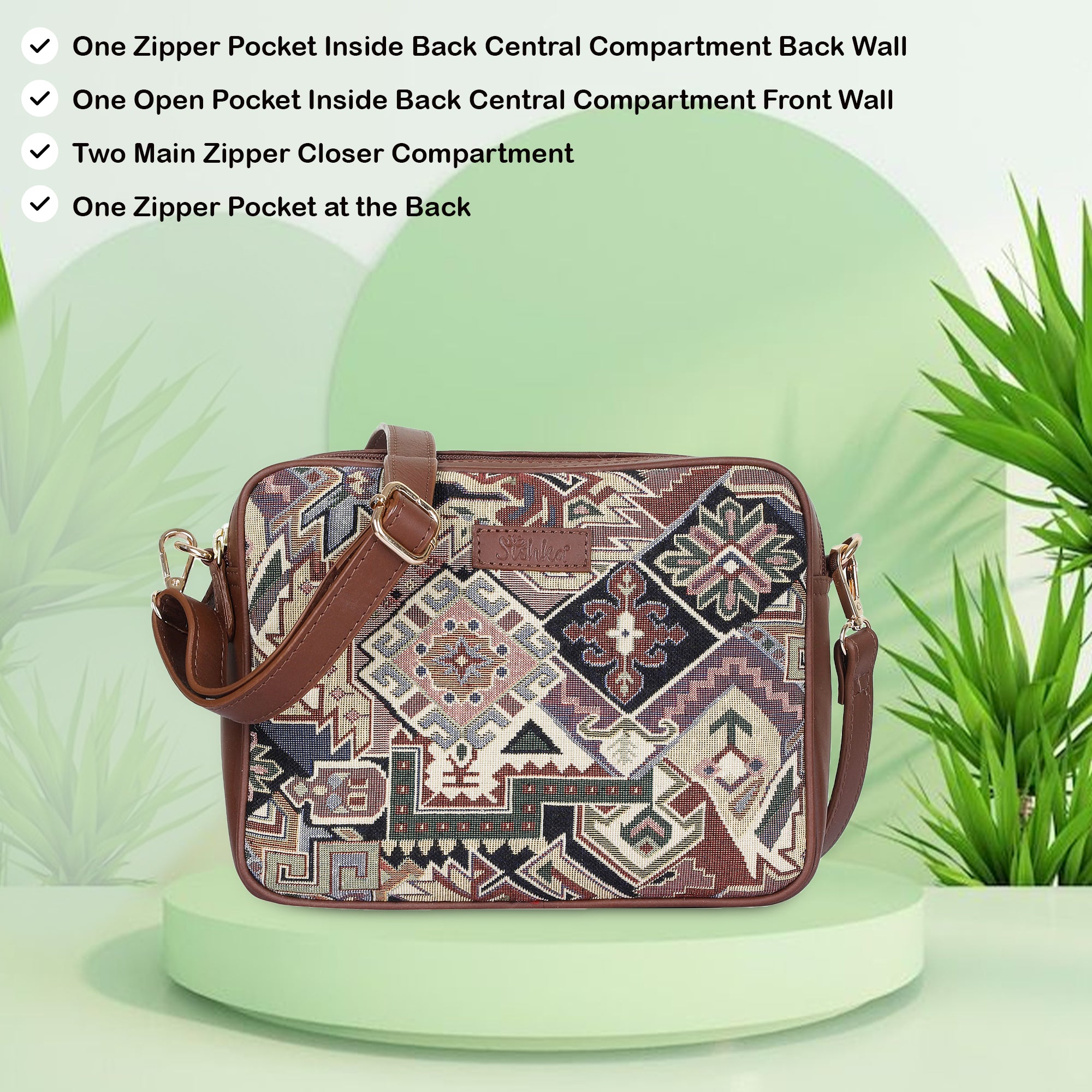 Women’s Geometric Tapestry Shoulder & Crossbody Messenger Bag with Leather Trim