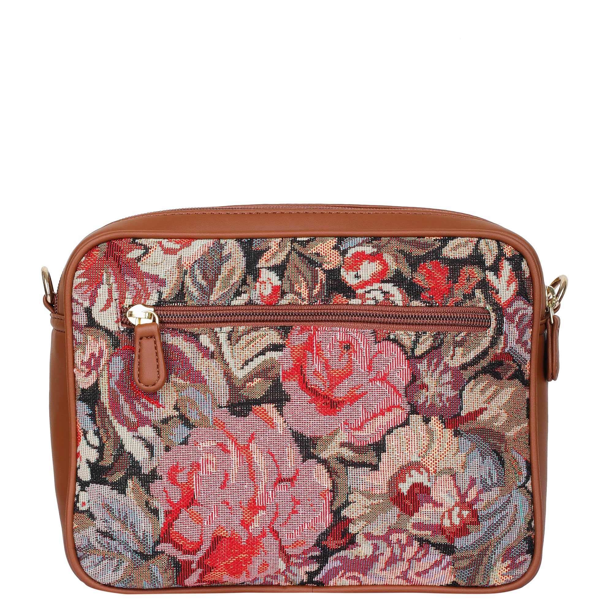 Ladies’ Floral Tapestry Shoulder Sling Bag – Vegan Leather-Trim Messenger Purse with Adjustable Strap for Work